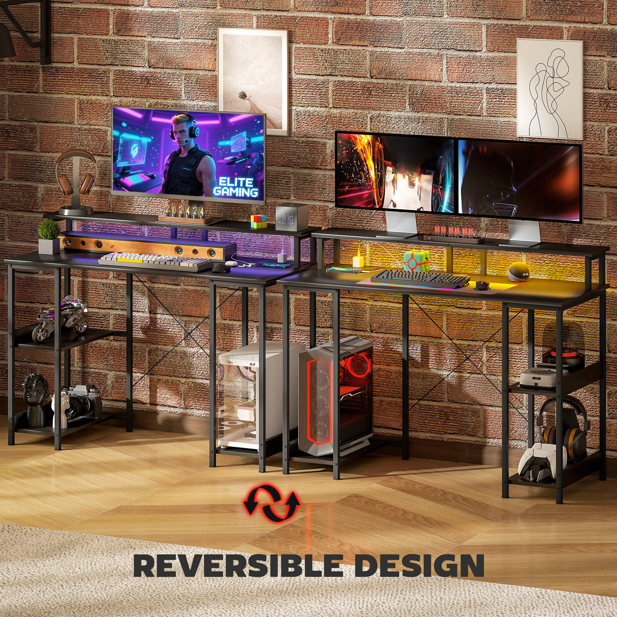 HOMCOM LED Computer Desk, with Power Outlets and Shelves Carbon Fibre Grey 7