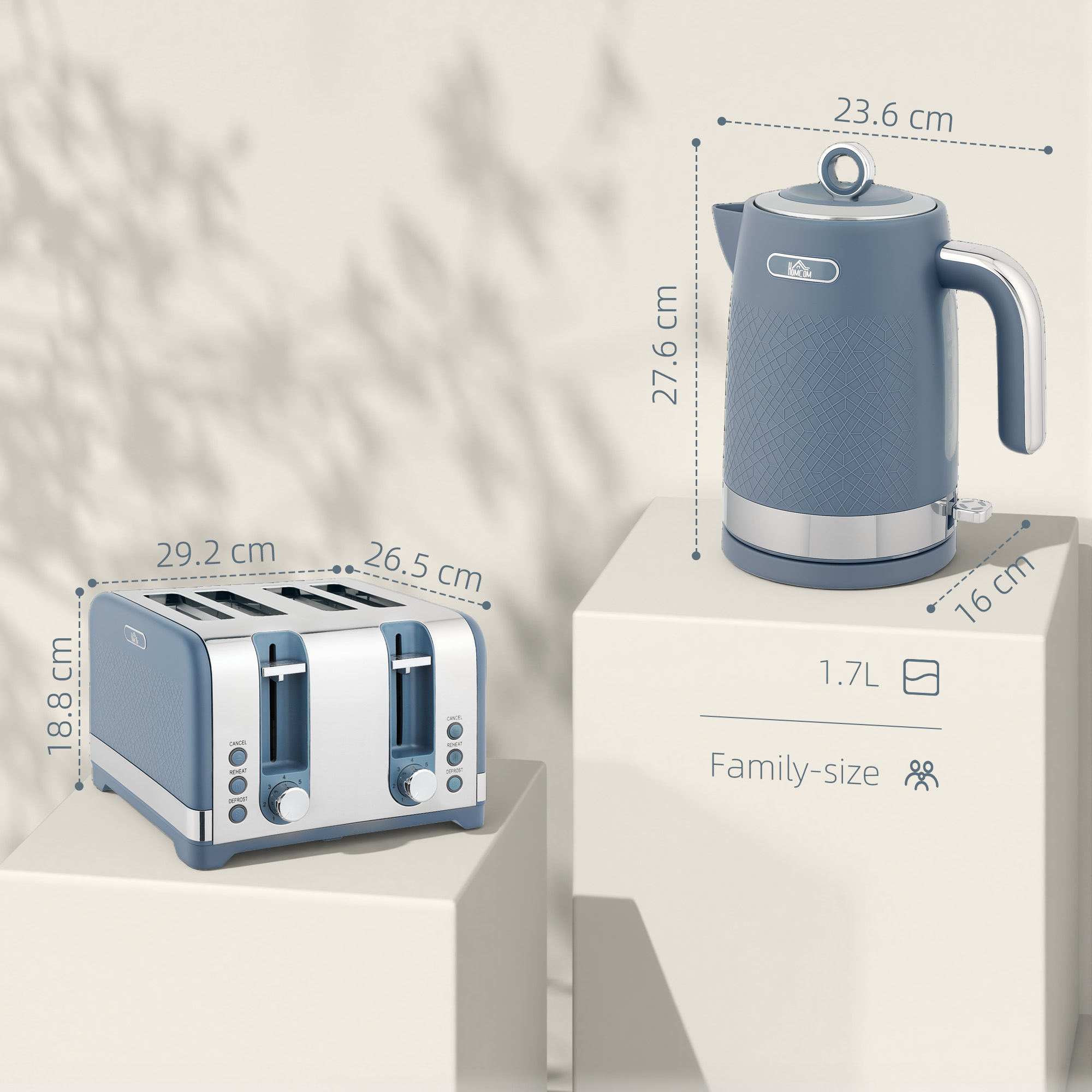 HOMCOM Sleek Textured Kettle and Four-Slice Toaster Set Blue 3