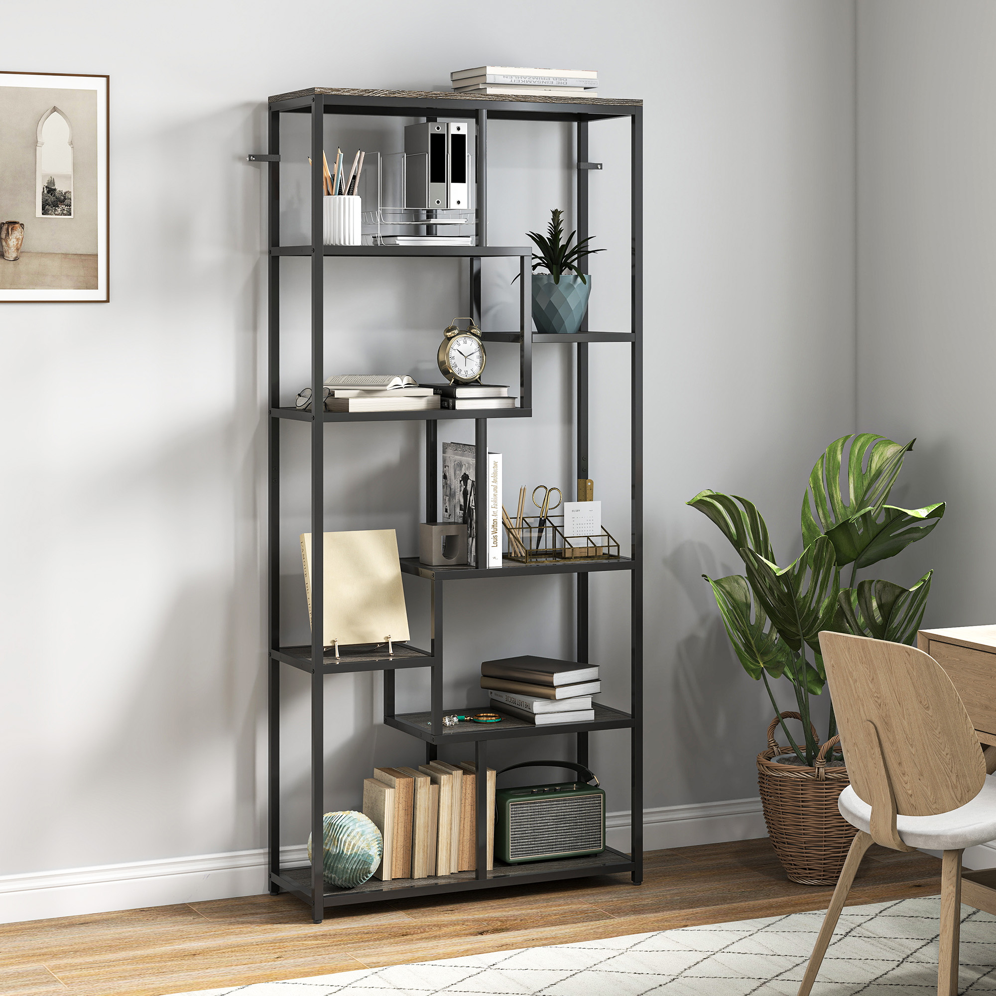 HOMCOM Seven-Tier Geometric Bookcase Grey/Black 2