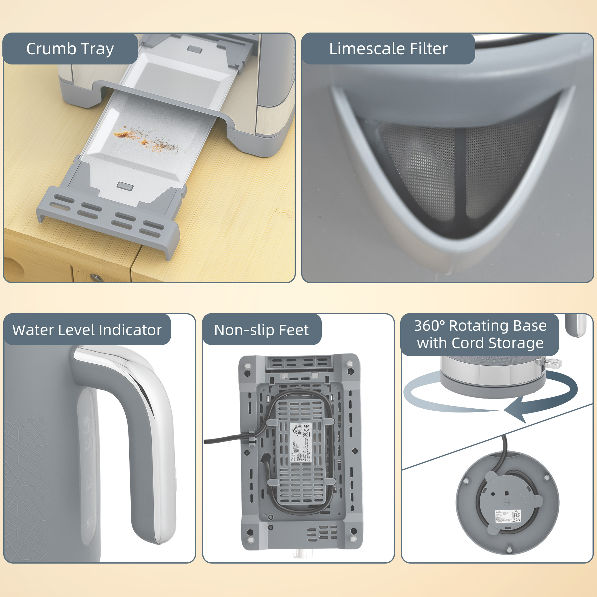HOMCOM Sleek Textured Kettle and Toaster Set Grey 9
