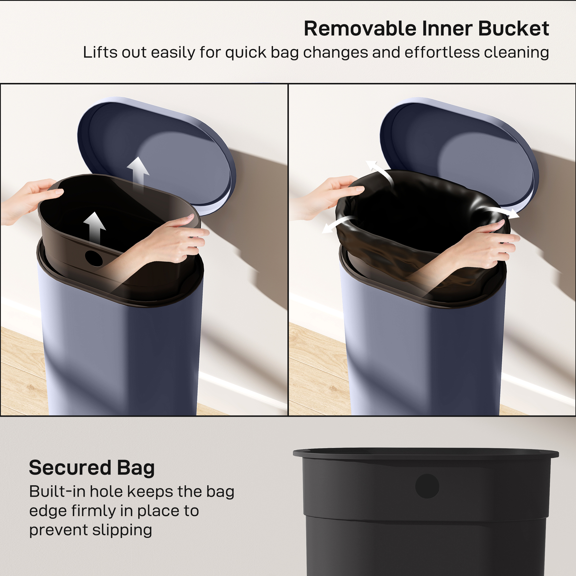 HOMCOM 30L Kitchen Bin with 90° Stay-Open Lid, Slim Rectangular Pedal Bin with Soft-Close Lid, Removable Inner Bucket for Home Office, Fingerprint-Resistant, Grey 7