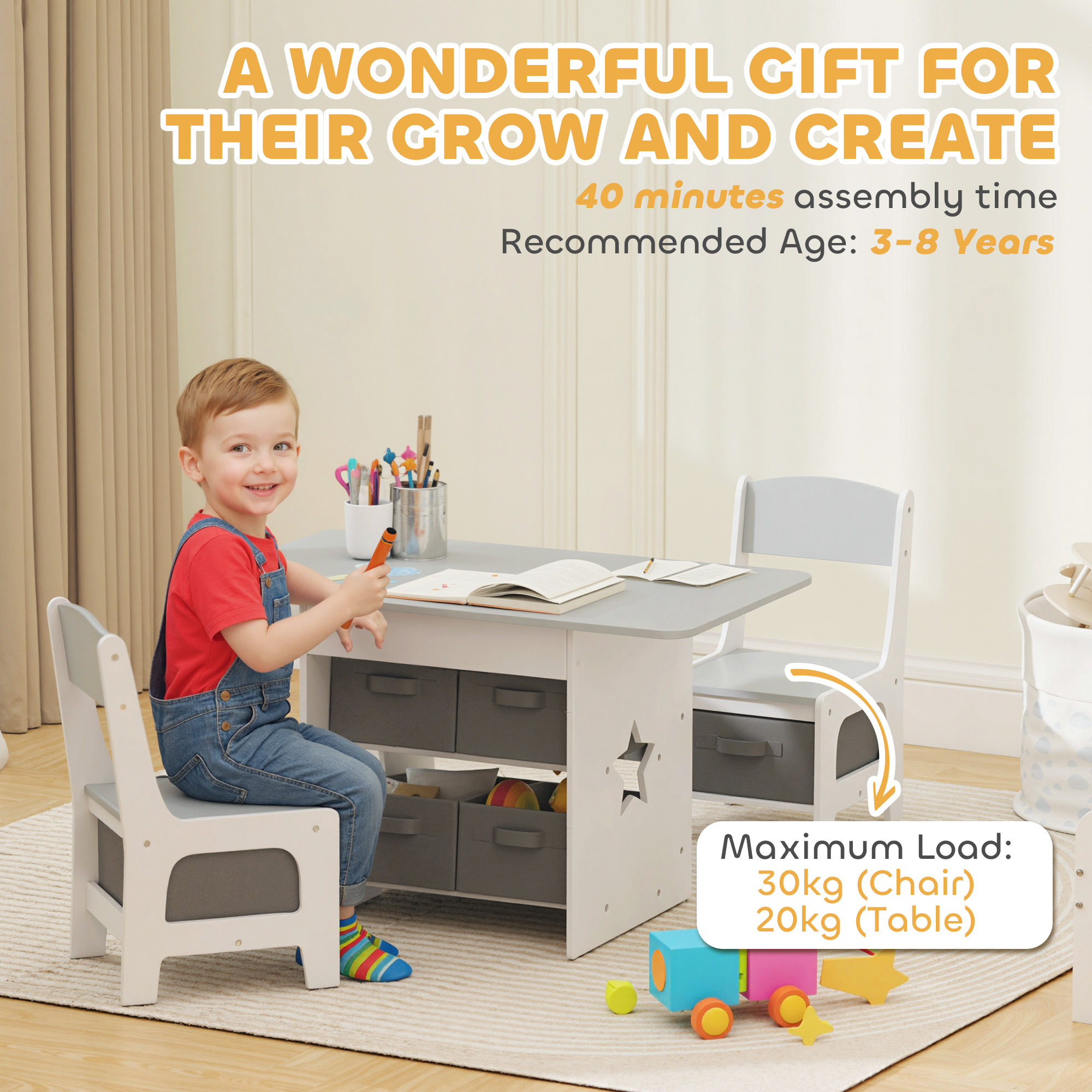 AIYAPLAY Kids Table and Chair Set, Toddler Table and 2 Chairs Set with 6 Removable Drawers, for Boys Girls Ages 3-8, Light Grey 8