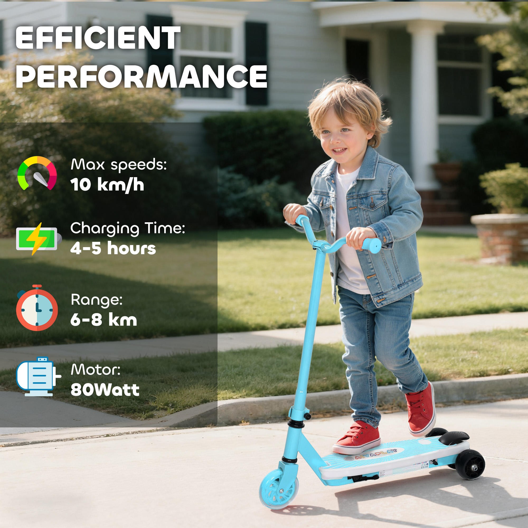 AIYAPLAY Electric Scooter for Kids Aged 4-7 Years, with Flashing LED Lights, Rear Auxiliary Wheels, Blue 6