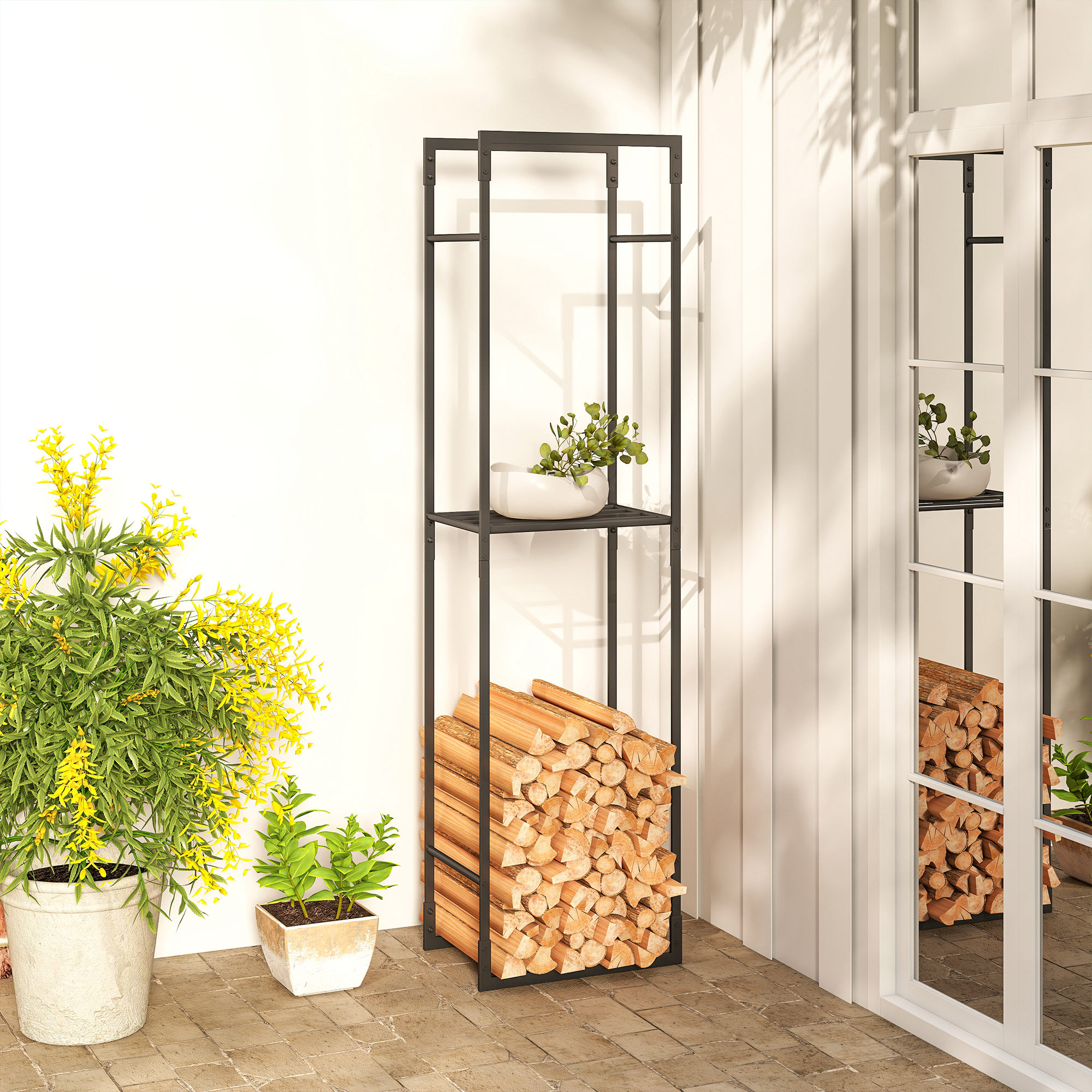 Outsunny Metal Firewood Log Holder, Heavy Duty Firewood Rack with Adjustable Shelf, Indoor Outdoor Fireplace Wood Storage Shelf, 45 x 31 x 170 cm, Black 9