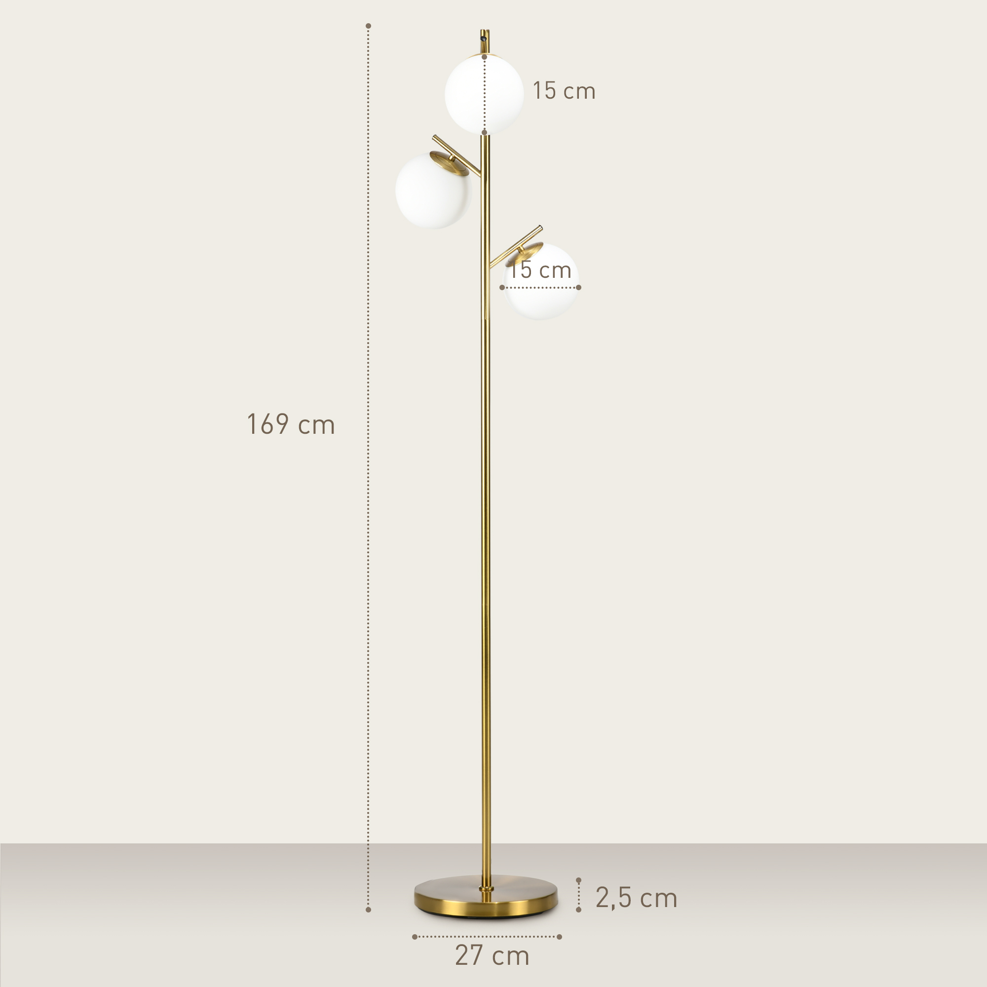 HOMCOM 3-Light Tree Floor Lamps for Living Room, Modern Standing Lamp for Bedroom with Globe Lampshade, 3000K/4000K/6000K Colour Temperatures, Steel Base, Gold Tone 3