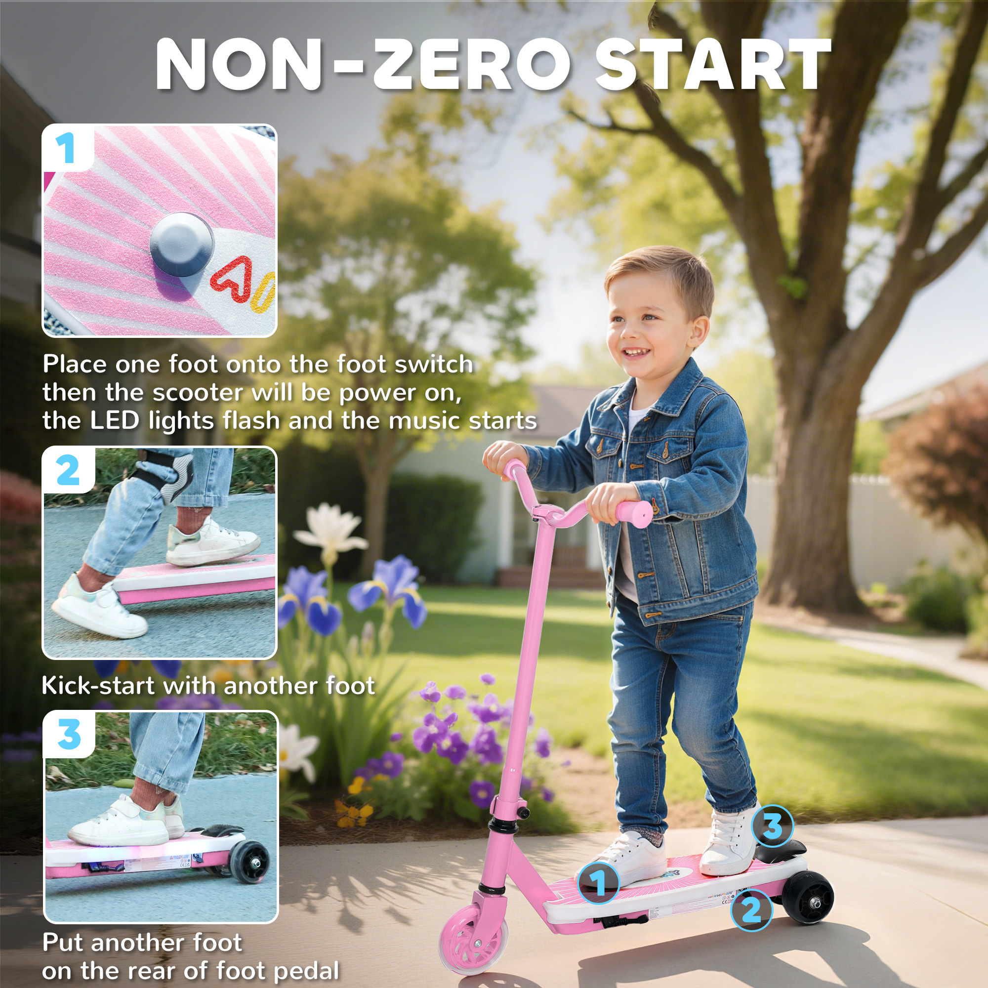 AIYAPLAY Electric Scooter for Kids Aged 4-7 Years, with Flashing LED Lights, Rear Auxiliary Wheels, Pink 4