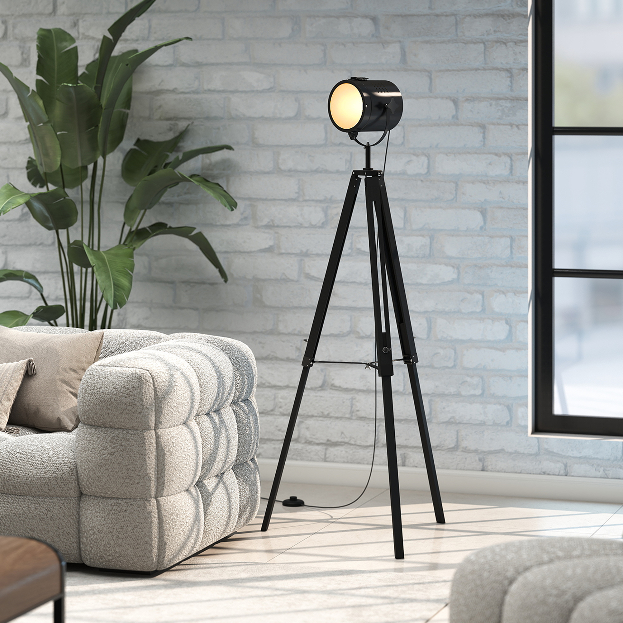 HOMCOM Industrial Tripod Floor Lamp, Nautical Searchlight with Adjustable Height, Wood Legs, E14 Lamp Base for Living Room, Bedroom, Black 9