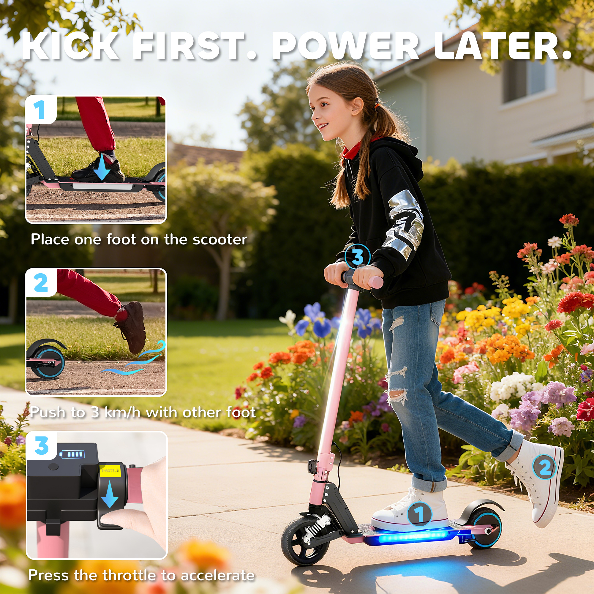SPORTNOW Folding Electric Scooter for Kids, with Dual Brakes, Front Suspension, LED Colourful Lights, Pink 4