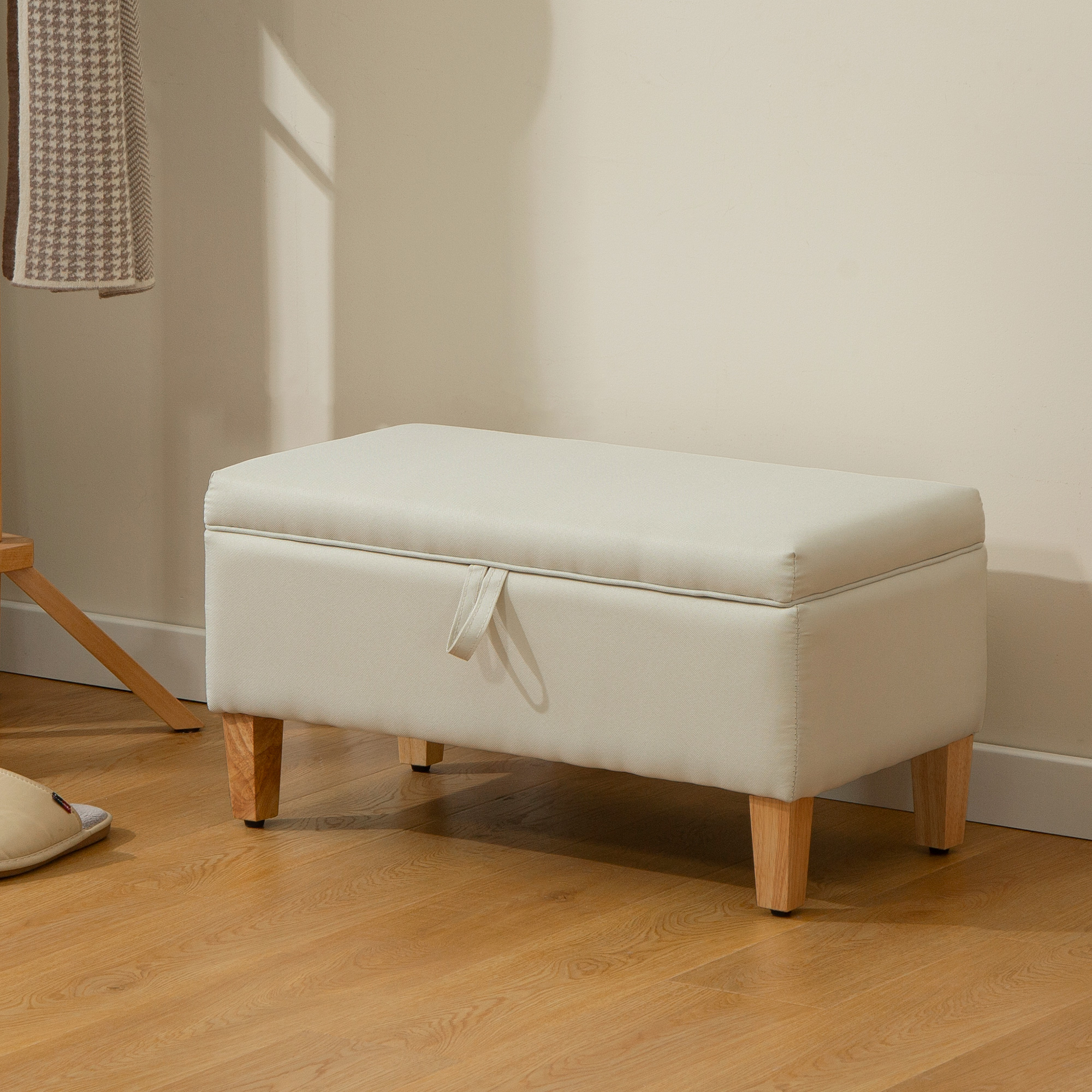 HOMCOM 30L Linen Storage Ottoman Padded Footstool with Rubberwood Legs for Storage Box, Bed End, Shoe Bench, Seating, Beige 2