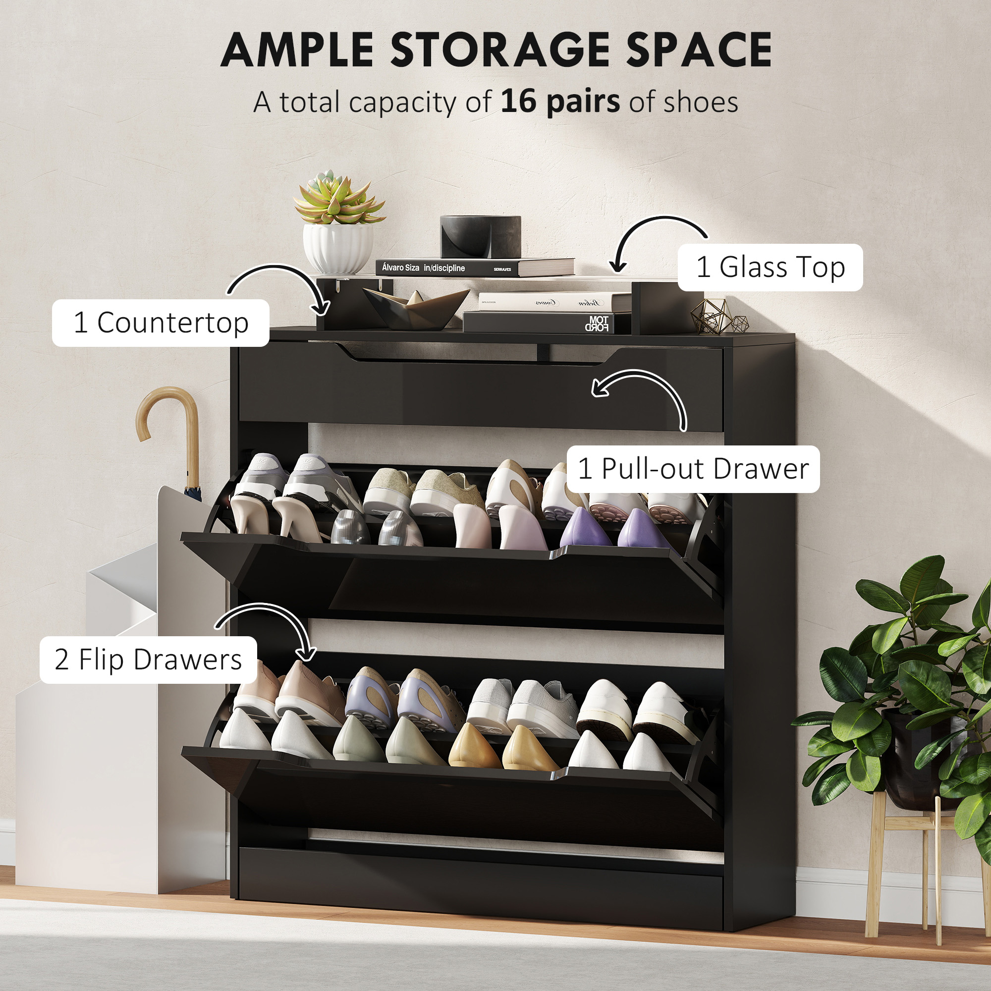 HOMCOM Shoe Storage Cabinet with Slide Out Drawer, 2 Flip Doors, Tempered Glass Top Black 4