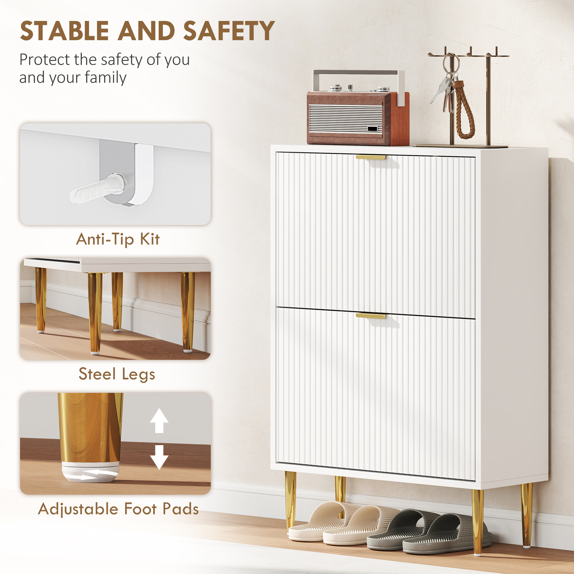 HOMCOM Narrow Shoe Cabinet with 2 Flip Drawers White 7