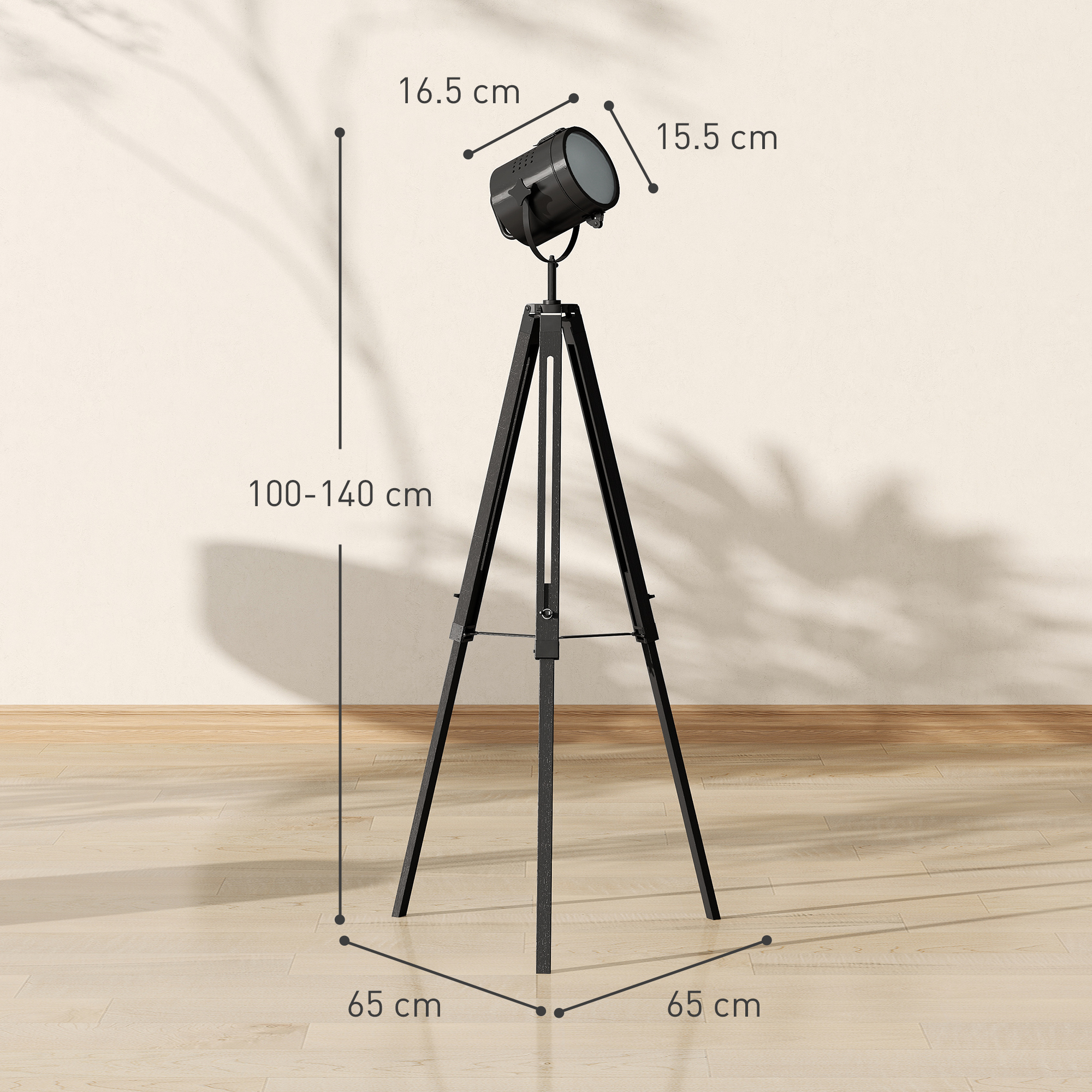 HOMCOM Industrial Tripod Floor Lamp, Nautical Searchlight with Adjustable Height, Wood Legs, E14 Lamp Base for Living Room, Bedroom, Black 3