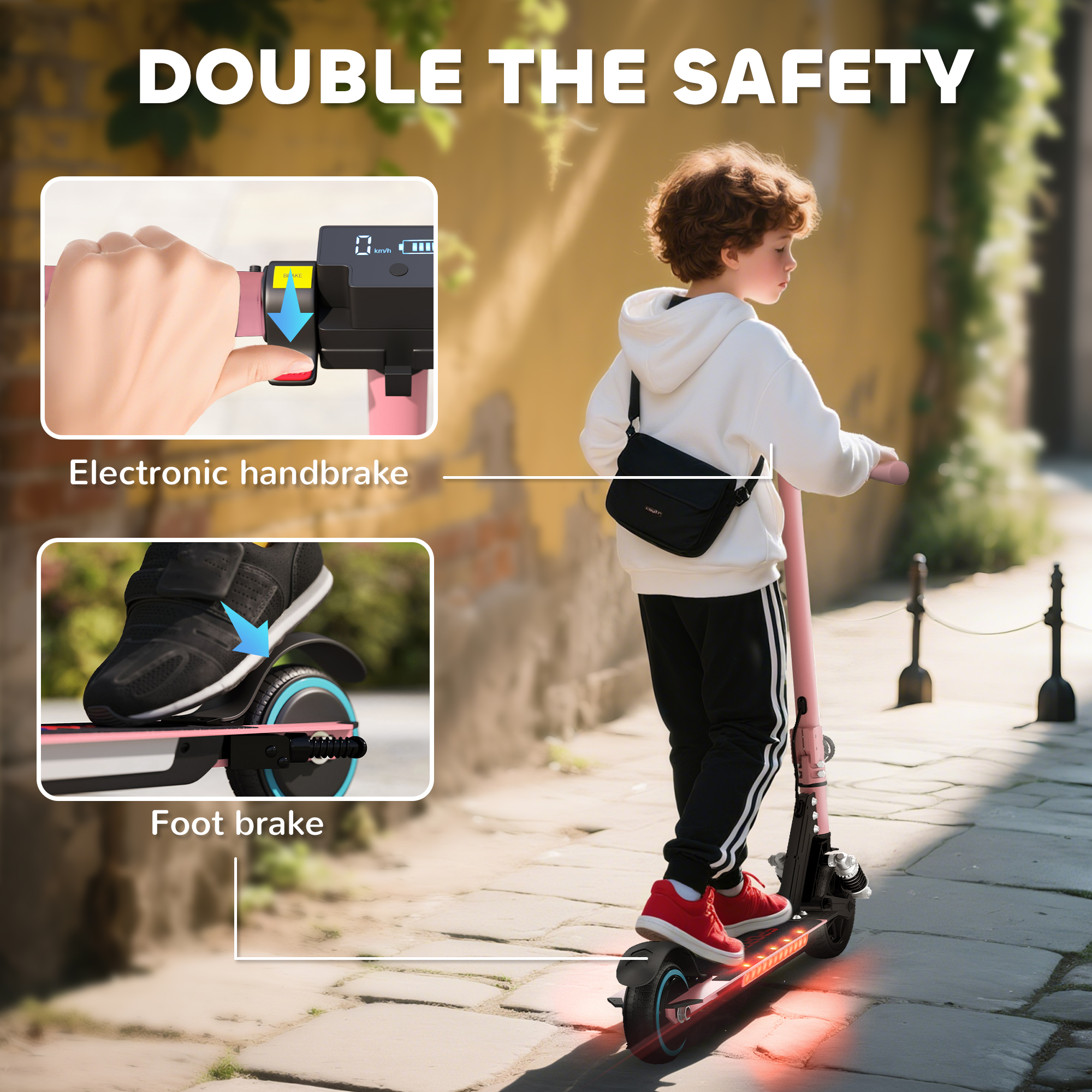 SPORTNOW Folding Electric Scooter for Kids, with Dual Brakes, Front Suspension, LED Colourful Lights, Pink 9