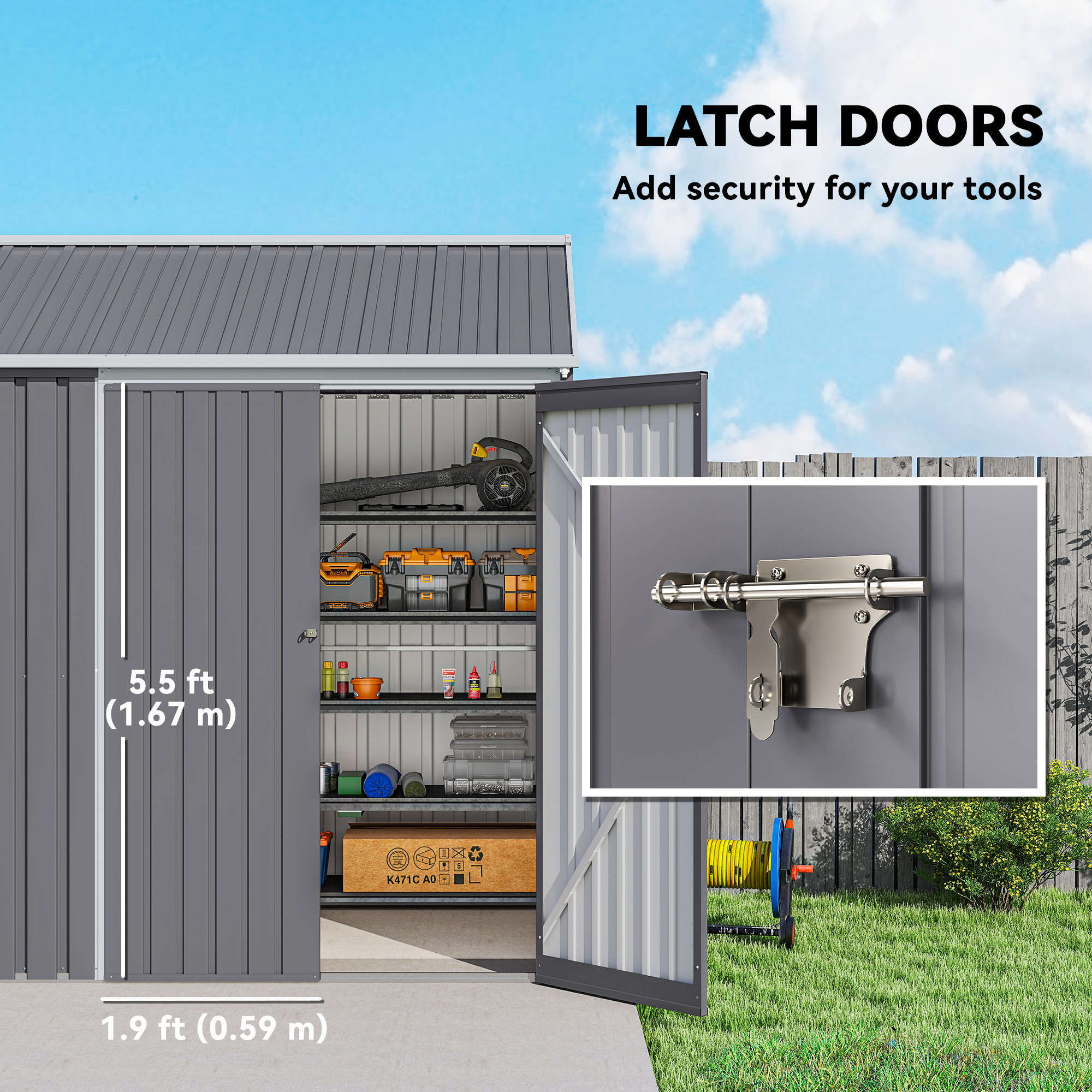 Outsunny 8 x 6 ft Galvanised Garden Shed, Outsoor Metal Storage Shed with Double Doors Window Air Vents for Patio, Lawn, Grey 7