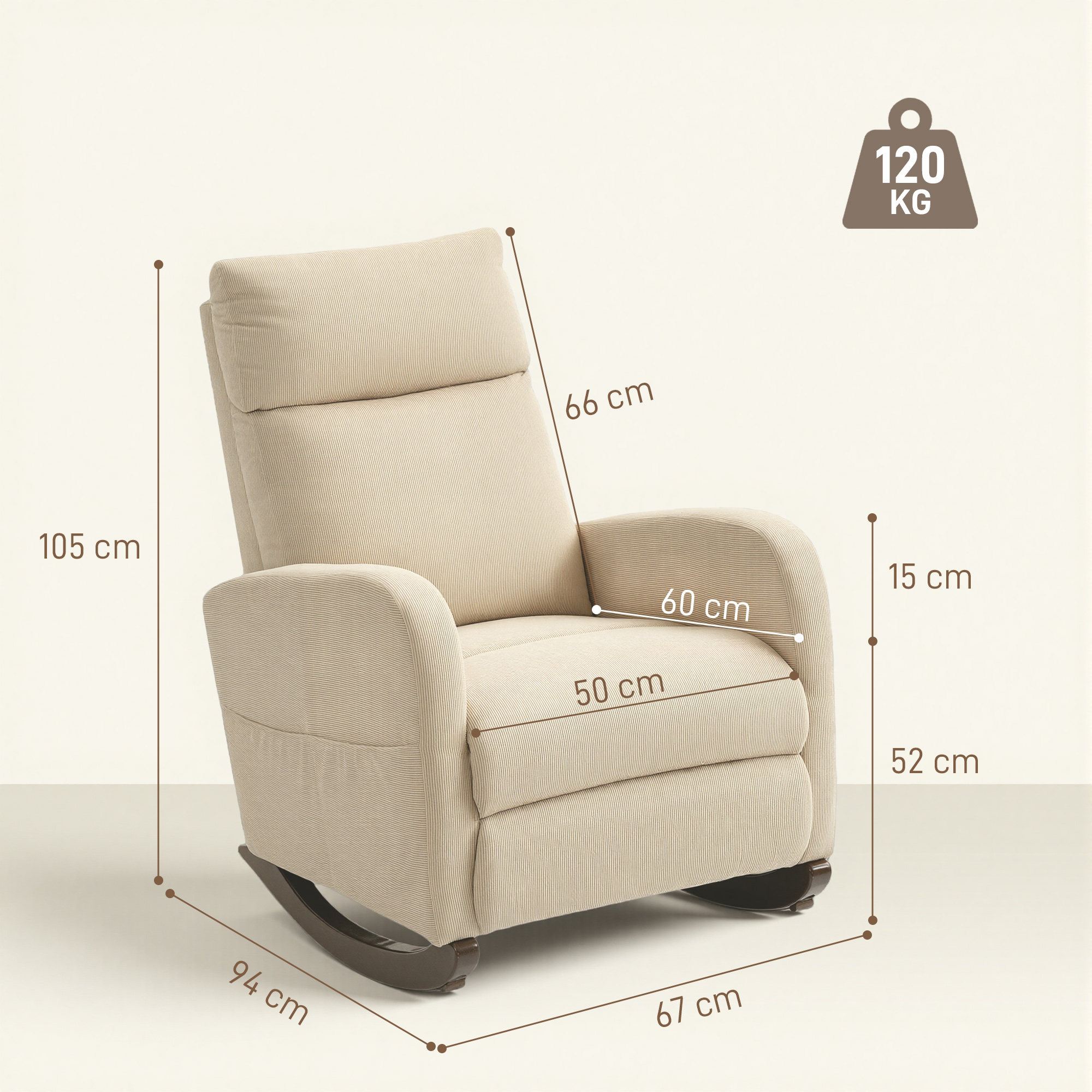 HOMCOM Corduroy Rocking Armchair Beige 3