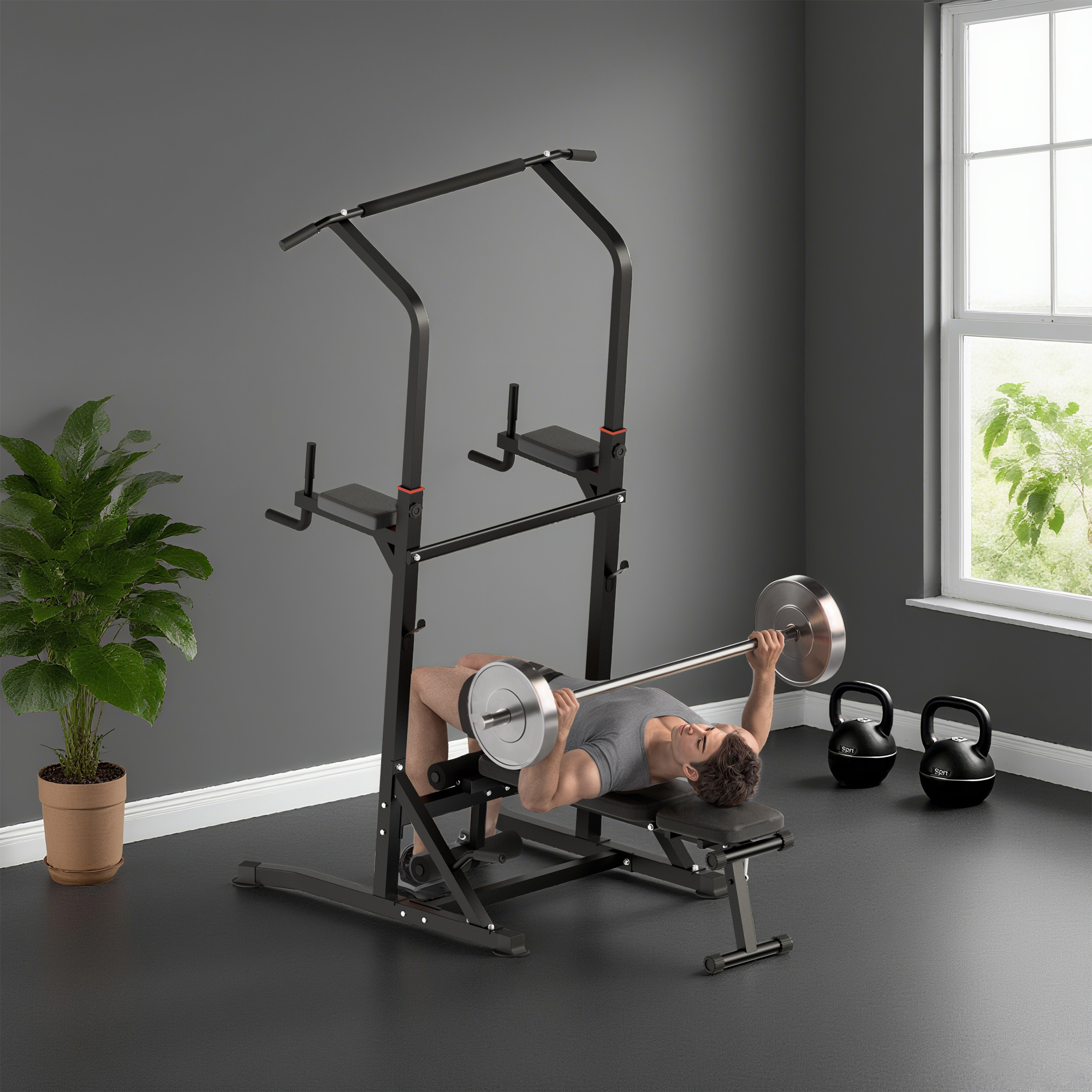 HOMCOM Pull Up Station with Adjustable Weight Bench, Dip Station and Barbell Rack, Multi-Function Power Tower Free Standing Pull Up Bar for Home Gym 8