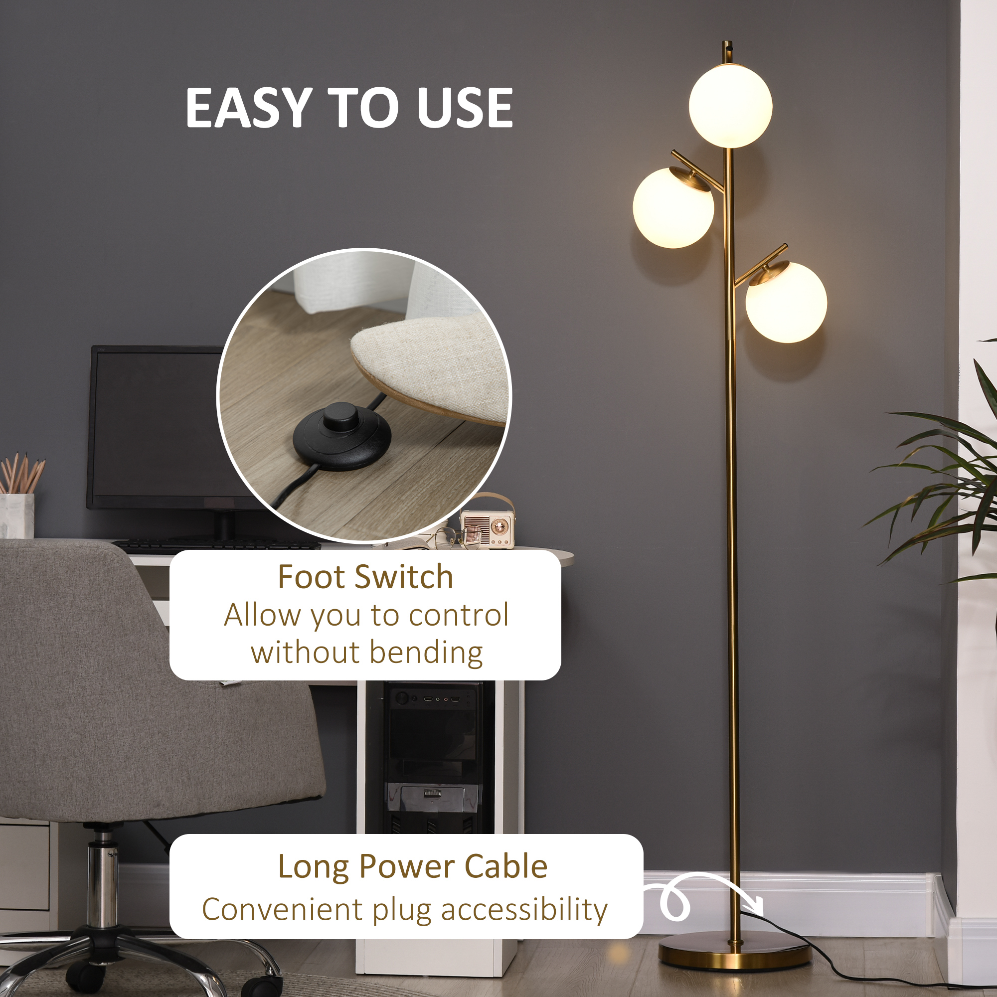 HOMCOM 3-Light Tree Floor Lamps for Living Room, Modern Standing Lamp for Bedroom with Globe Lampshade, 3000K/4000K/6000K Colour Temperatures, Steel Base, Gold Tone 5