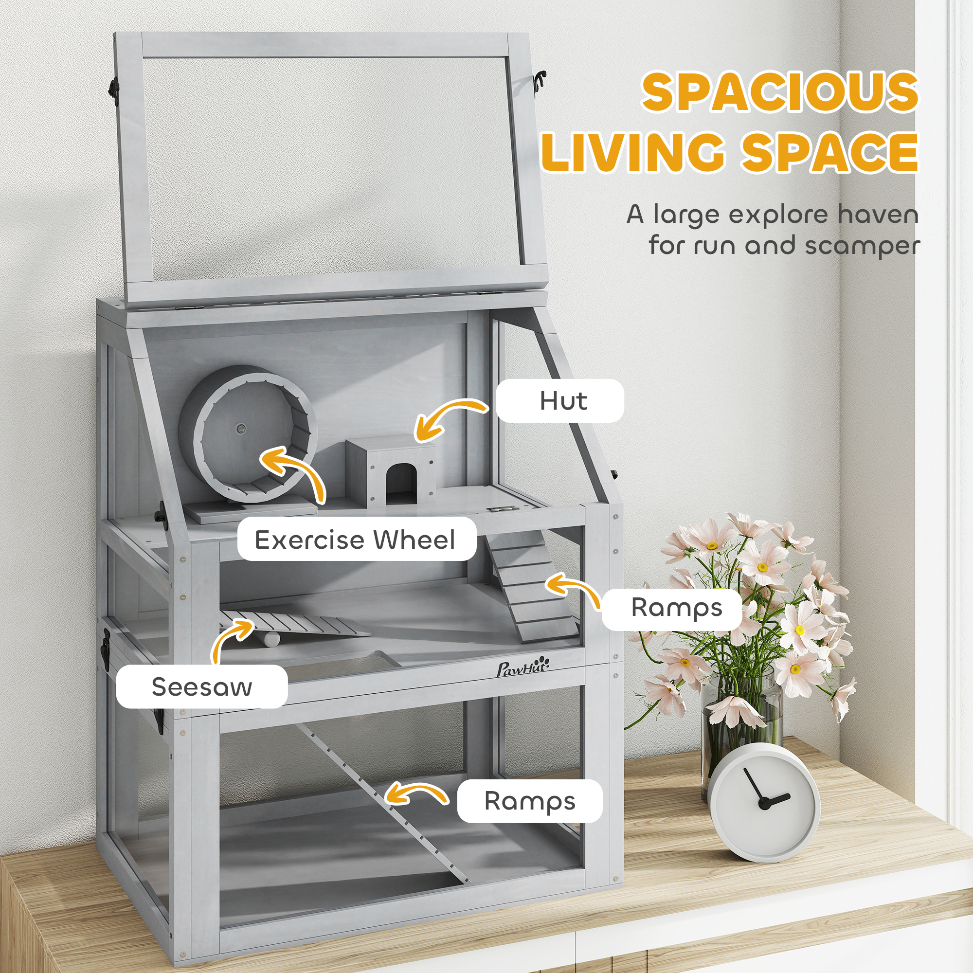 PawHut Wooden Hamster Cage with Detachable 32cm Deep Bottom, Hut, Seesaw, Exercise Wheel, Ramp, 60 x 40 x 75cm, Light Grey 4