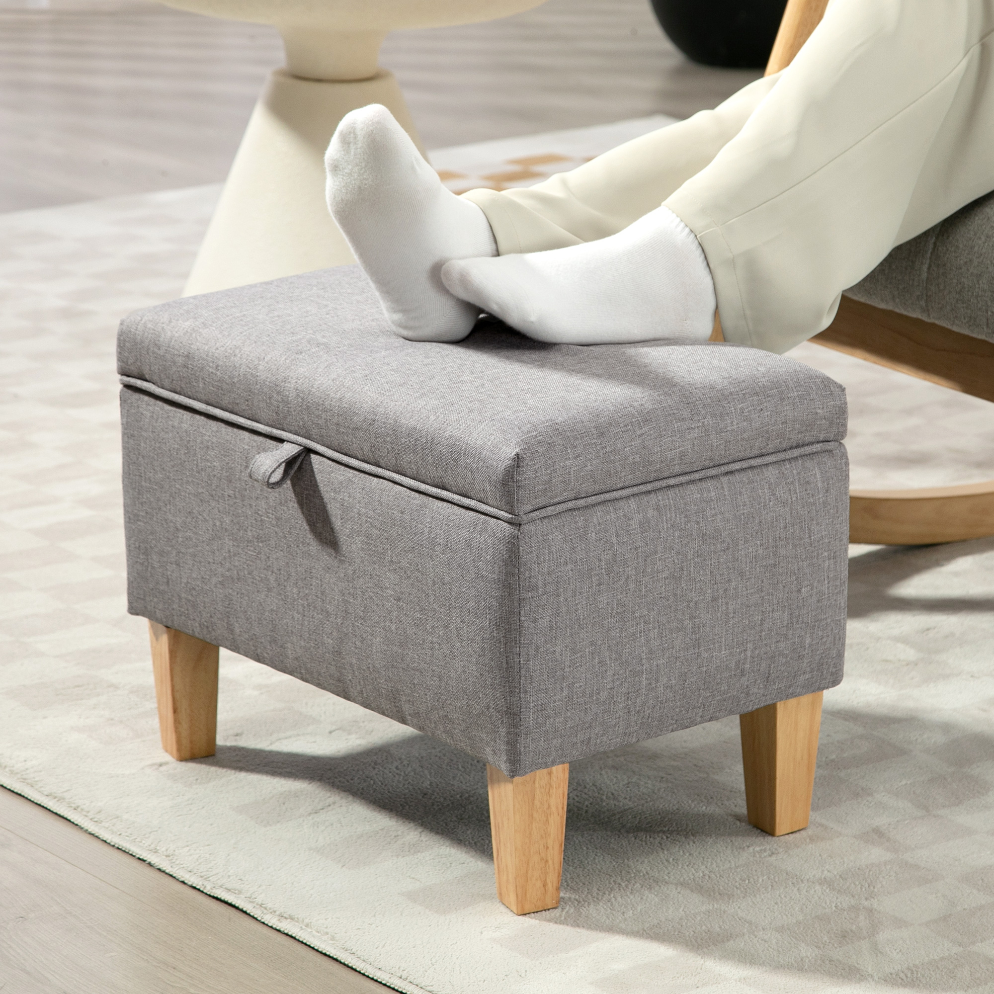HOMCOM 16L Linen Storage Ottoman Padded Footstool with Rubberwood Legs for Storage Box, Bed End, Shoe Bench, Seating, Light Grey 8
