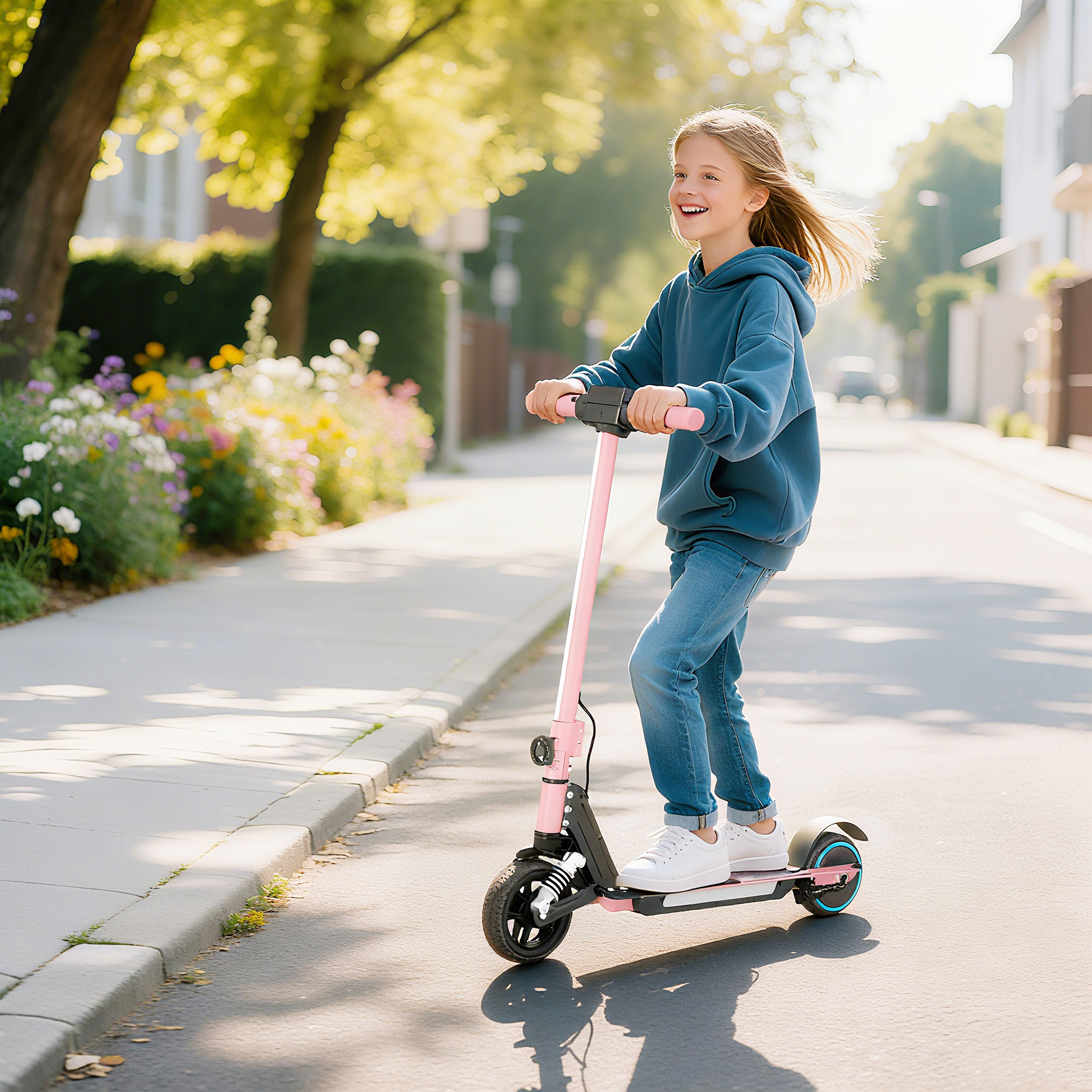 SPORTNOW Folding Electric Scooter for Kids, with Dual Brakes, Front Suspension, LED Colourful Lights, Pink 2