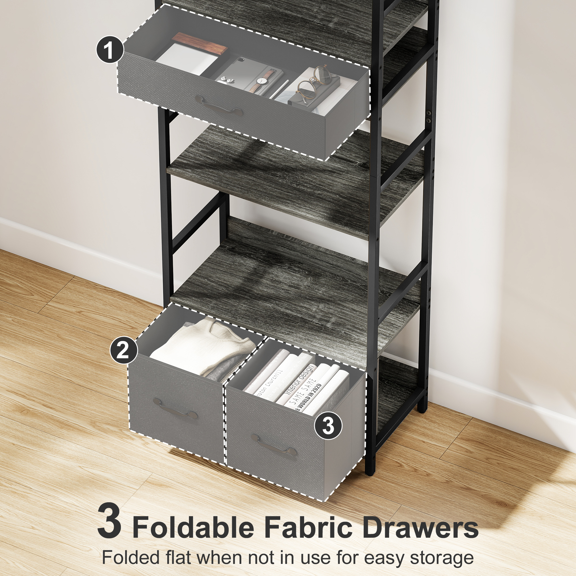 HOMCOM Industrial Style Bookcase, with 4 Shelves and 3 Fabric Drawers Grey/Black 5
