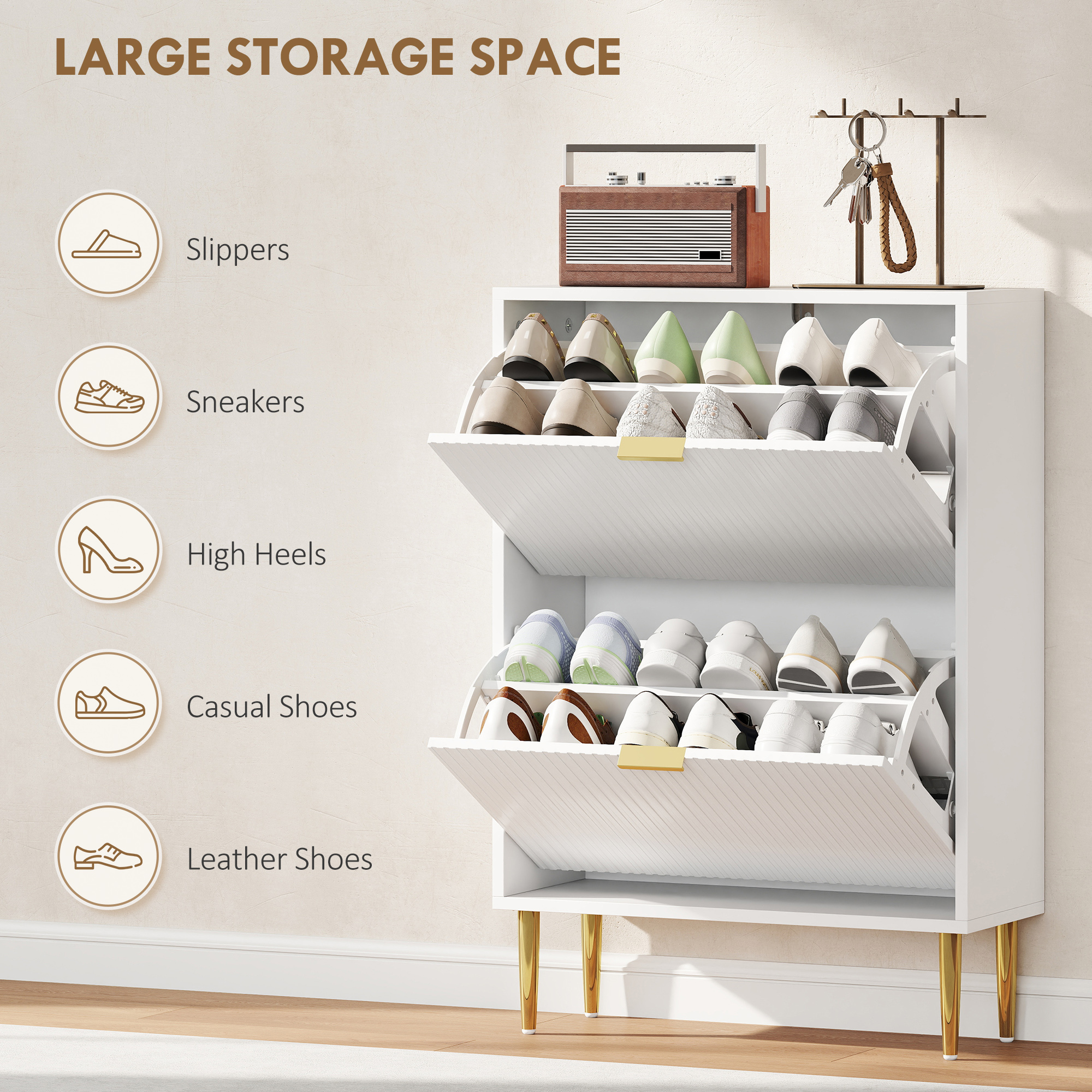 HOMCOM Narrow Shoe Cabinet with 2 Flip Drawers White 5
