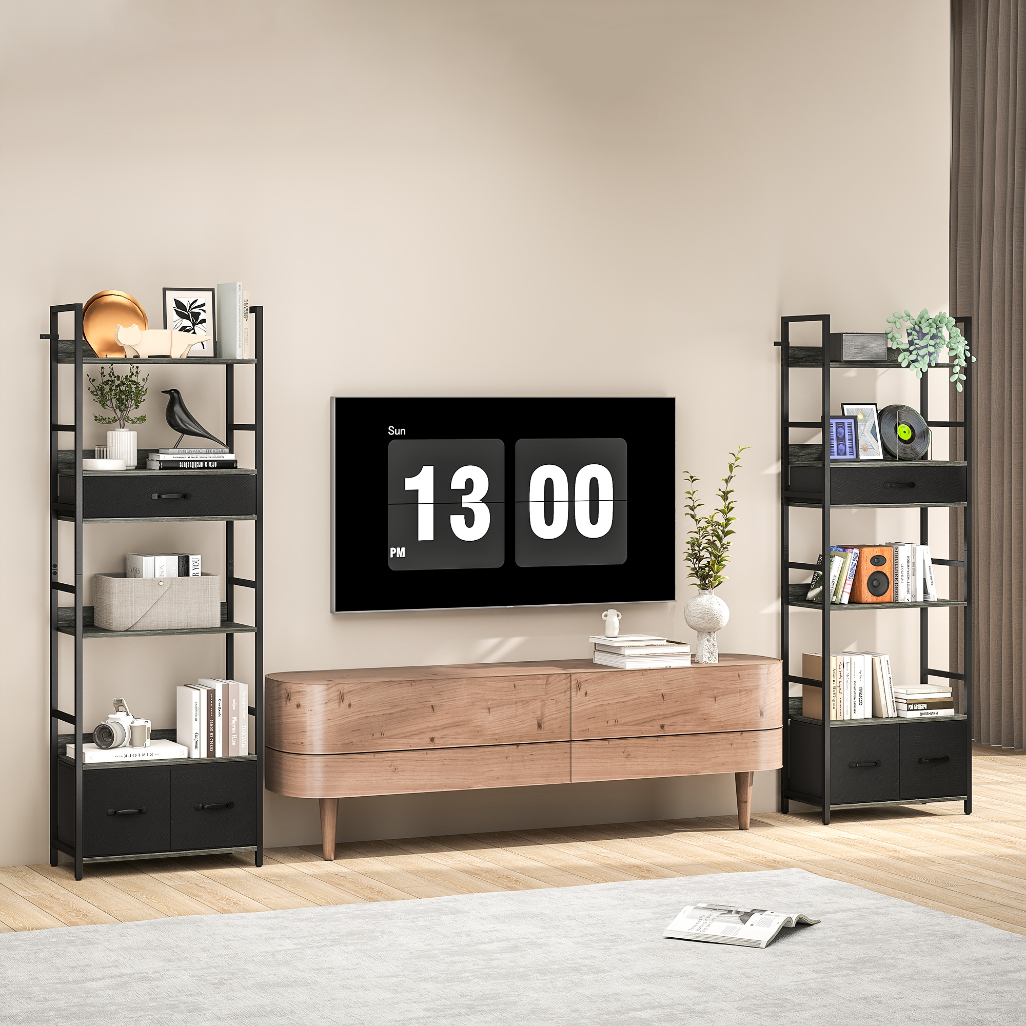 HOMCOM Industrial Style Bookcase, with 4 Shelves and 3 Fabric Drawers Grey/Black 8