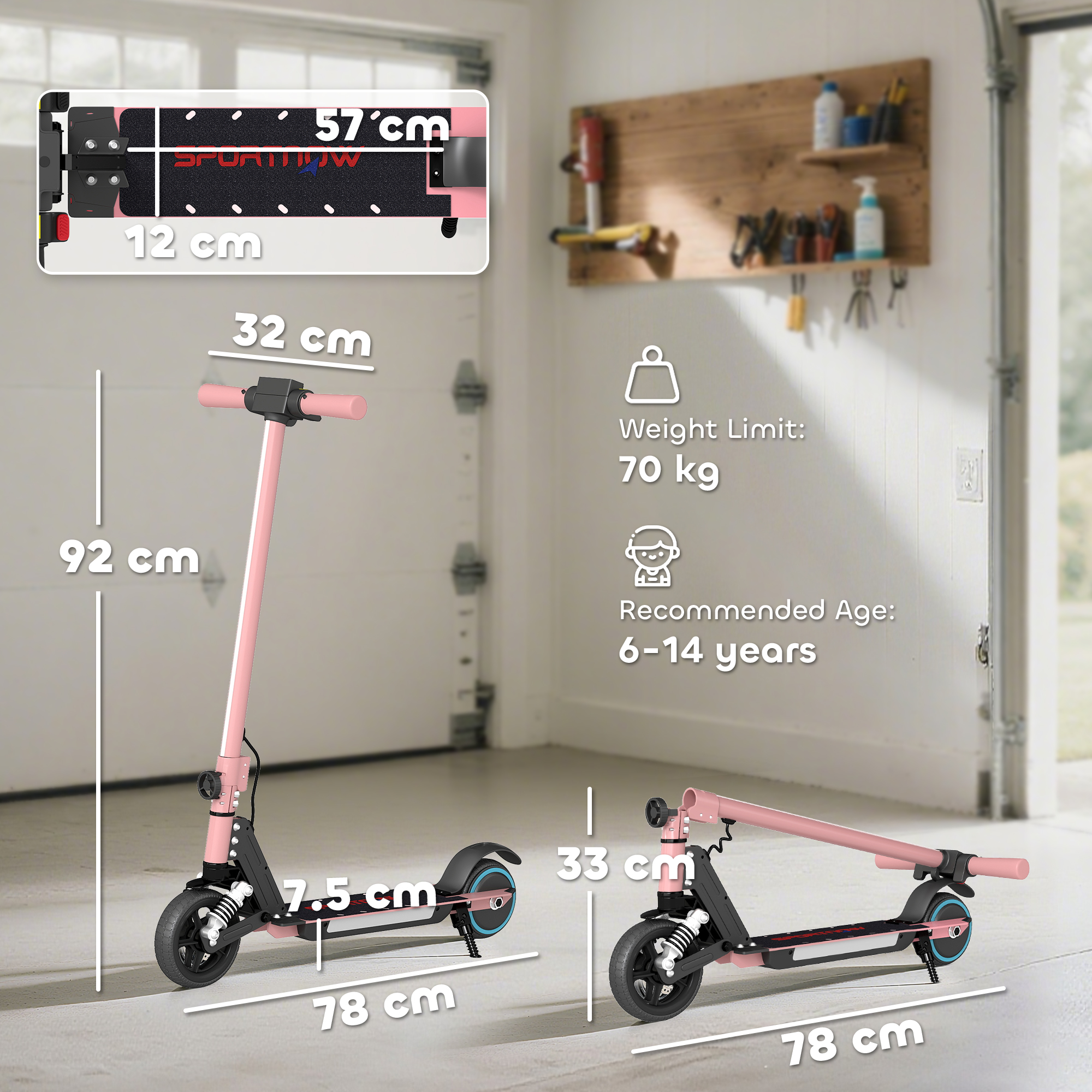 SPORTNOW Folding Electric Scooter for Kids, with Dual Brakes, Front Suspension, LED Colourful Lights, Pink 3