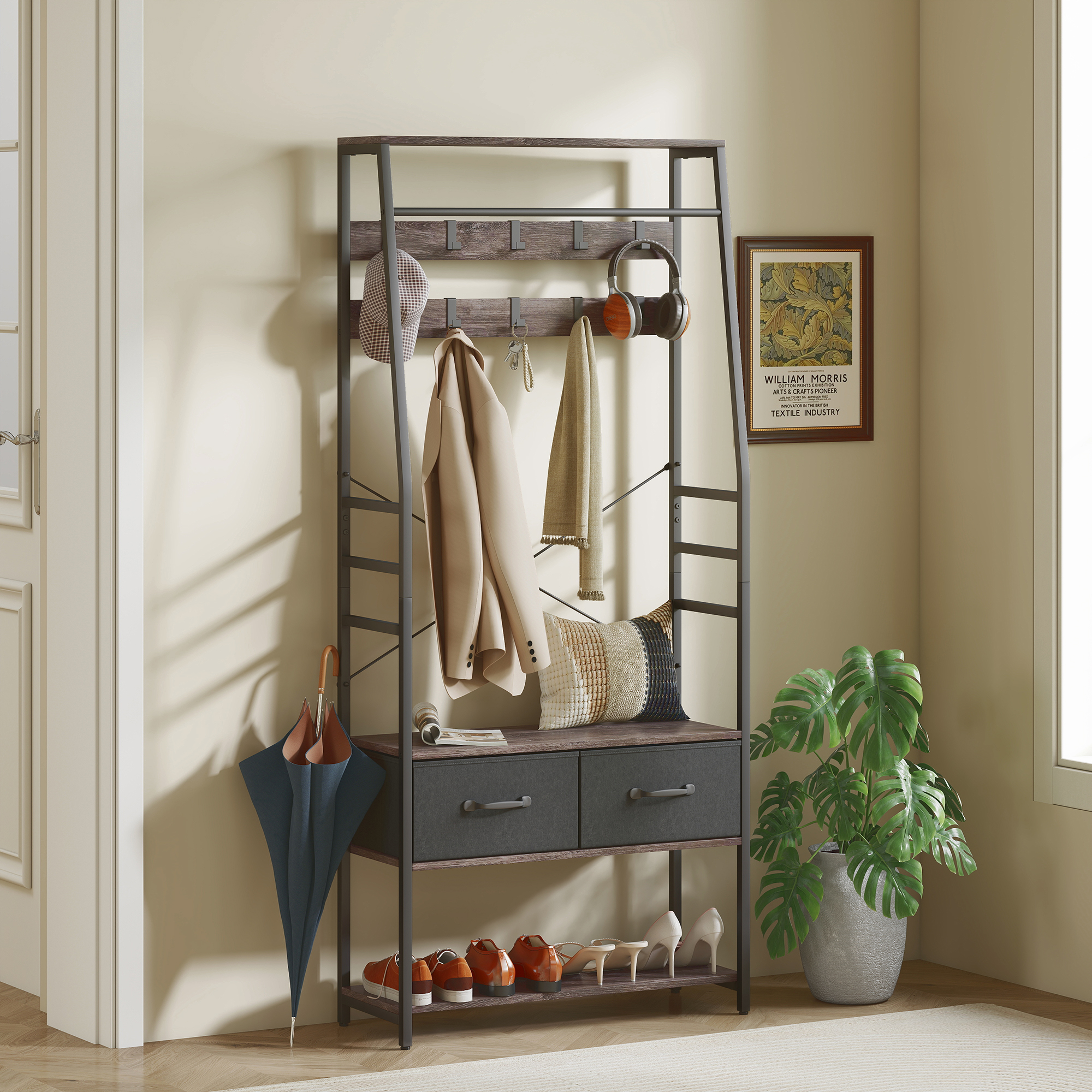 HOMCOM Coat Rack with Shoe Storage, Hall Tree, Industrial Coat Stand with Shoe Bench, 10 Removable Hooks, 2 Fabric Drawers and Clothes Rail for Entryway, Hallway, Grey 2