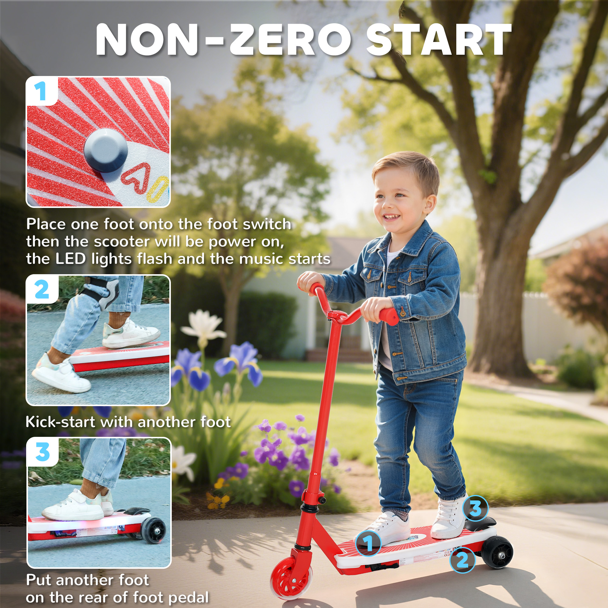 AIYAPLAY Electric Scooter for Kids Aged 4-7 Years, with Flashing LED Lights, Rear Auxiliary Wheels, Red 4