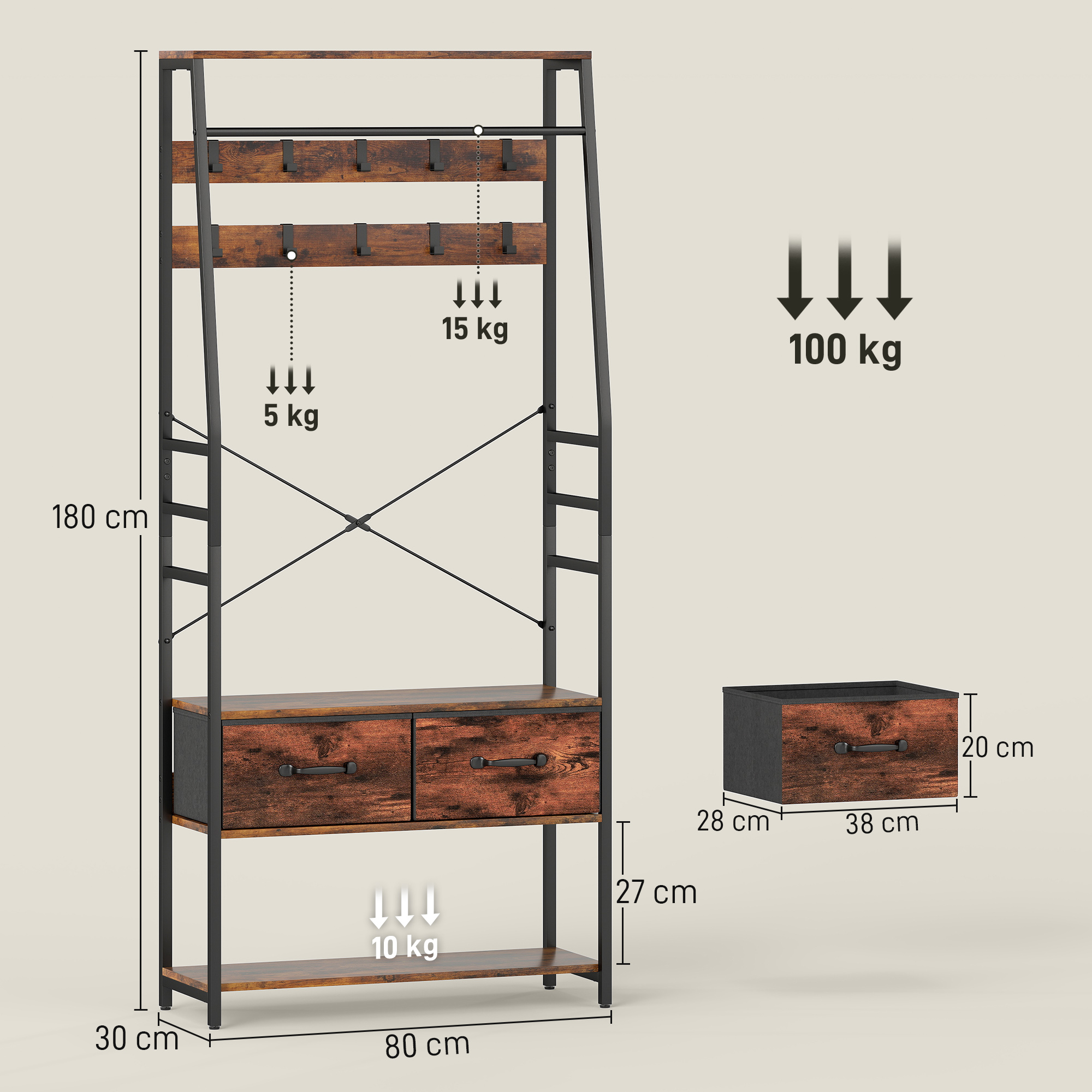 HOMCOM 6-in-1 Industrial-Style Hallway Organiser Brown/Black 3