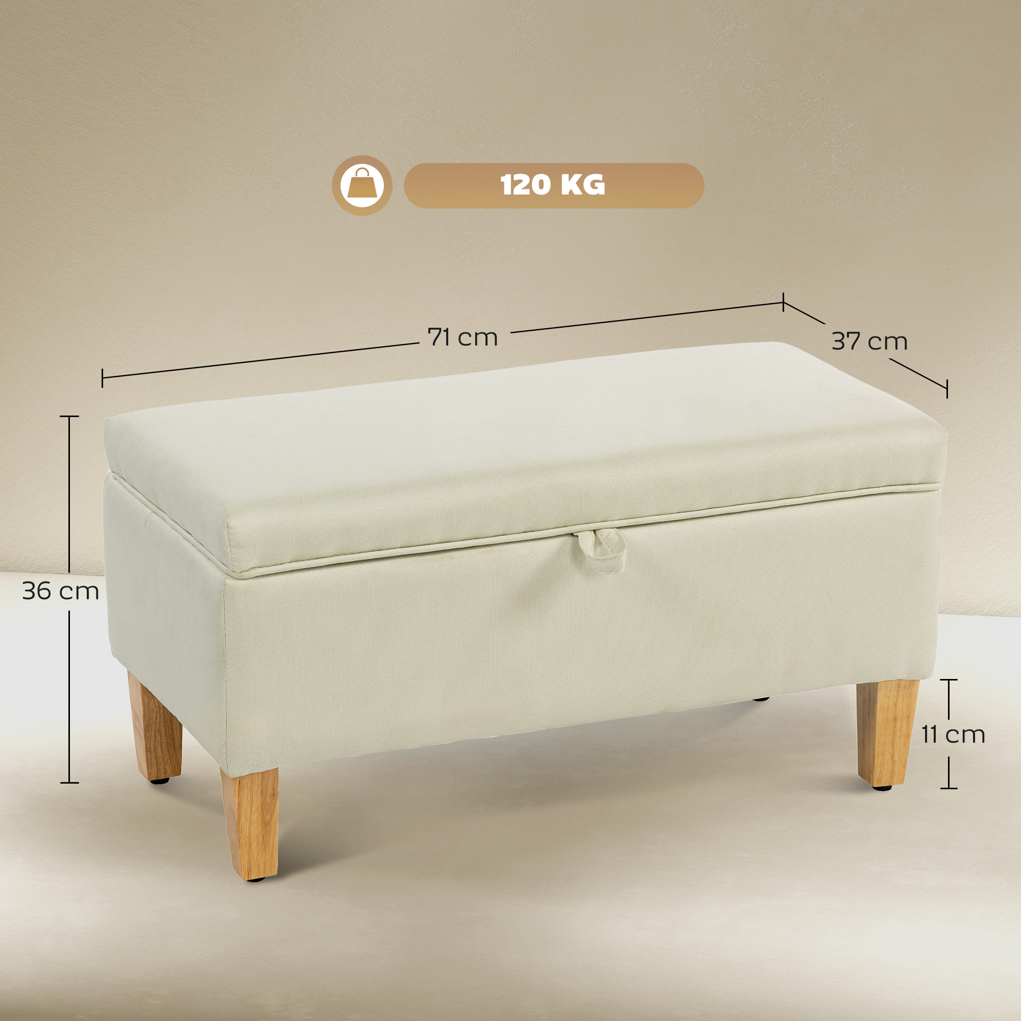 HOMCOM 30L Linen Storage Ottoman Padded Footstool with Rubberwood Legs for Storage Box, Bed End, Shoe Bench, Seating, Beige 3