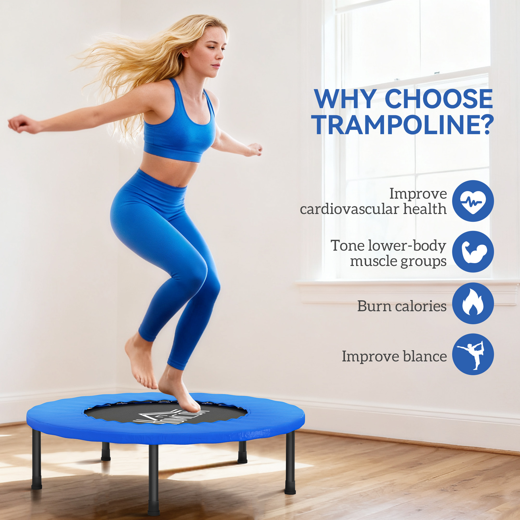 HOMCOM 32" Mini Fitness Trampoline Home Gym Yoga Exercise Rebounder Indoor Outdoor Jumper with Safety Pad, Support Up to 100 KG, Blue and Black 6