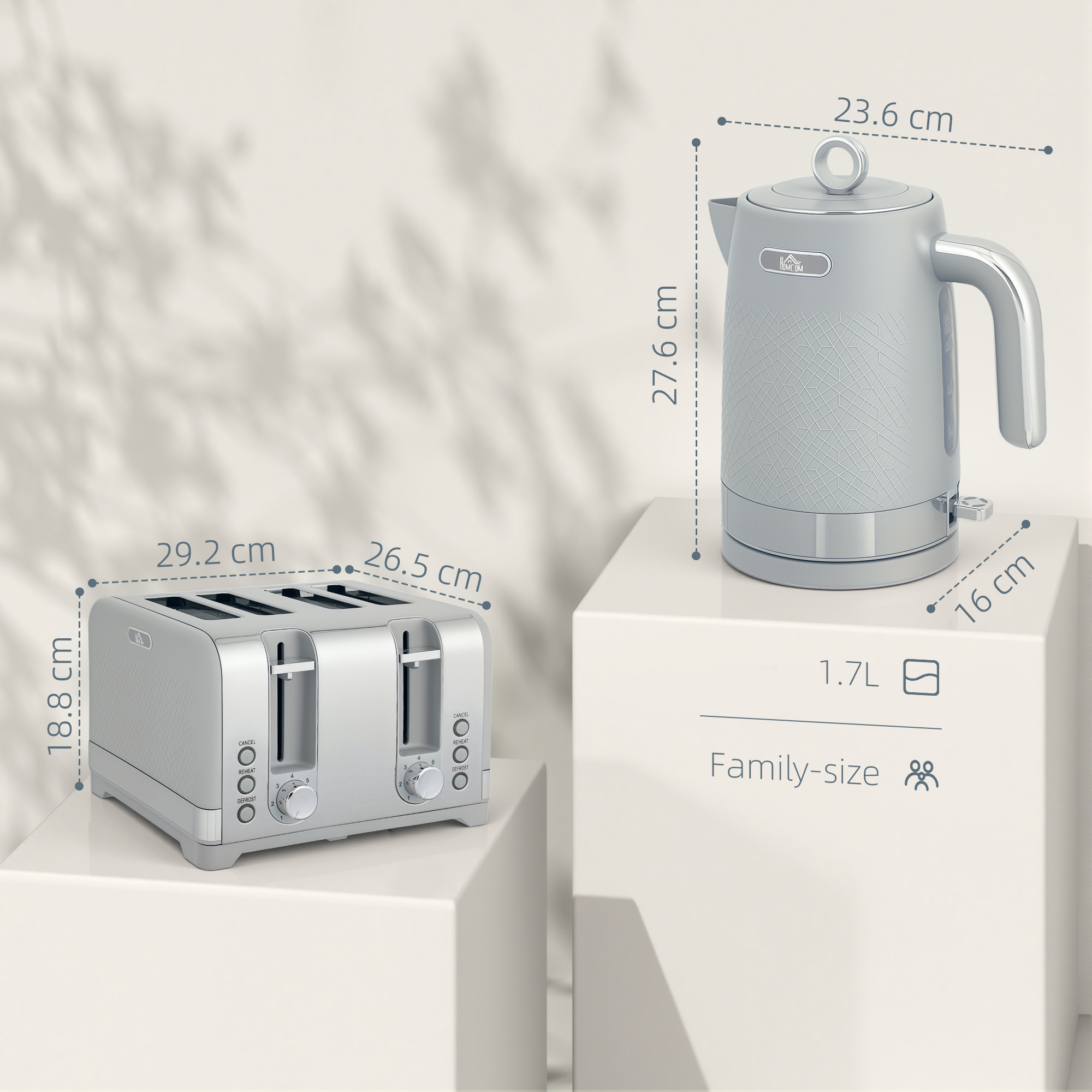 HOMCOM Sleek Textured Kettle and Four-Slice Toaster Set Grey 3