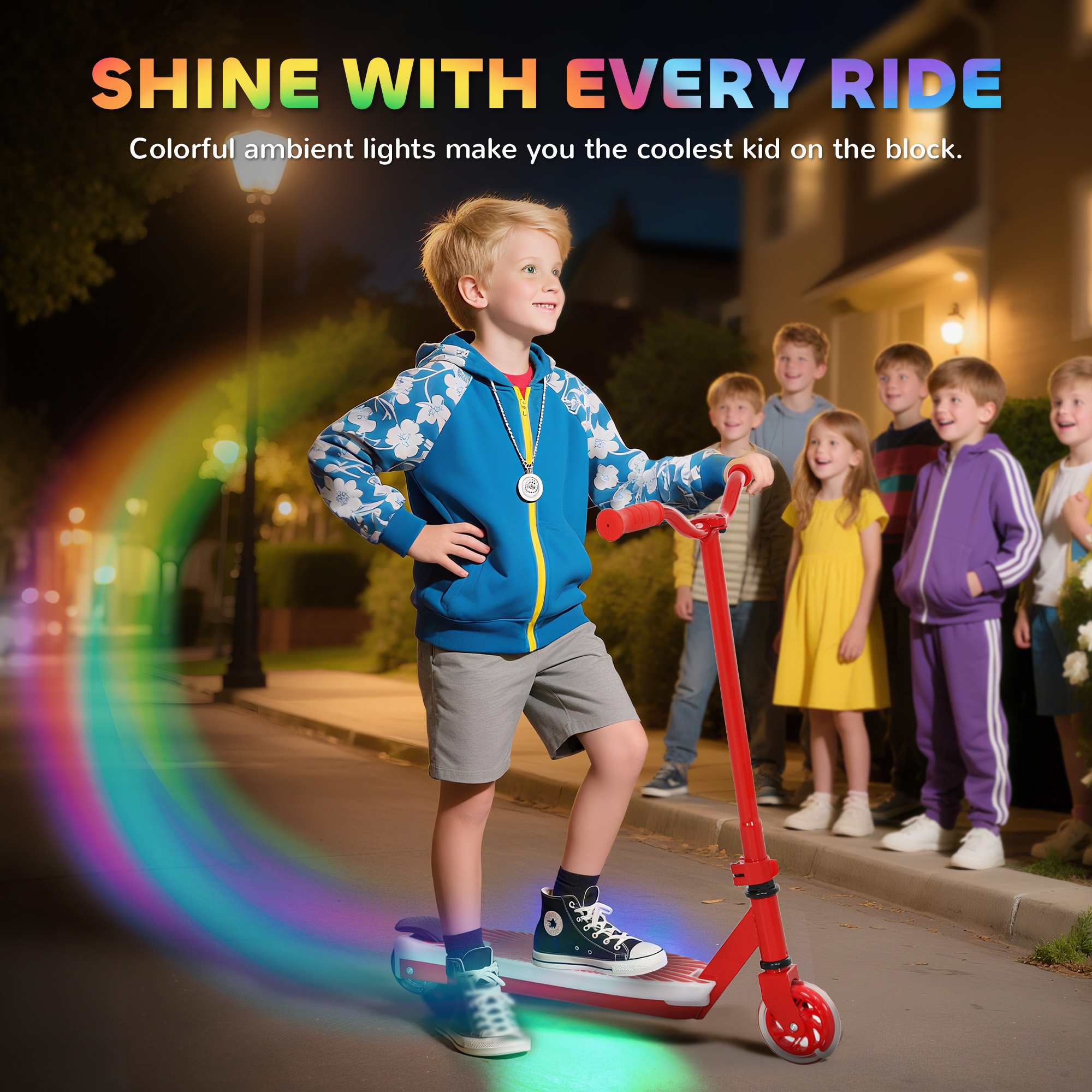 AIYAPLAY Electric Scooter for Kids Aged 4-7 Years, with Flashing LED Lights, Rear Auxiliary Wheels, Red 5