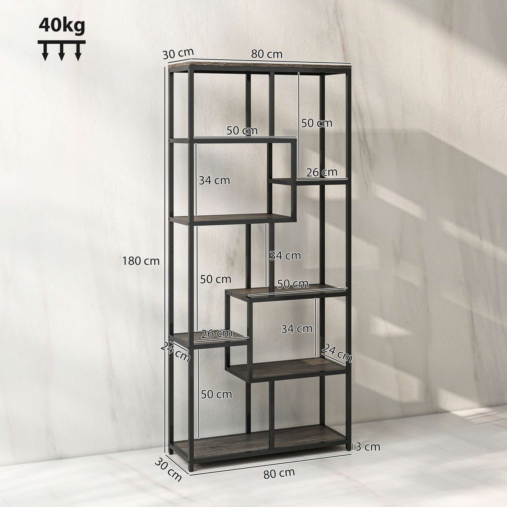 HOMCOM Seven-Tier Geometric Bookcase Grey/Black 3