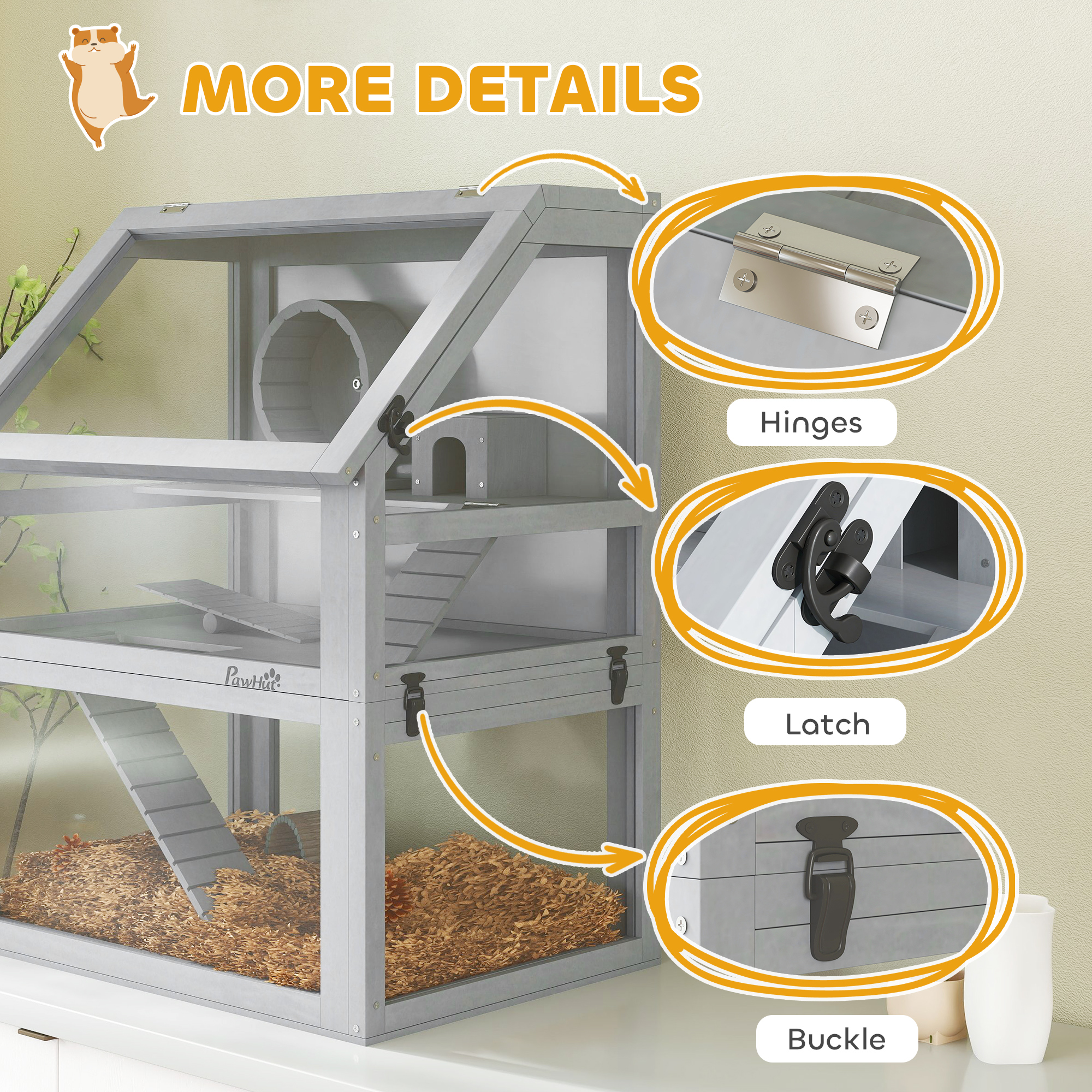 PawHut Wooden Hamster Cage with Detachable 32cm Deep Bottom, Hut, Seesaw, Exercise Wheel, Ramp, 60 x 40 x 75cm, Light Grey 8