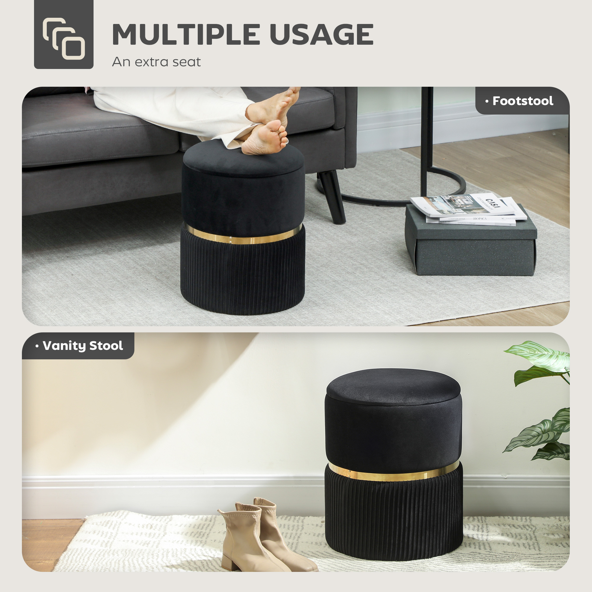 HOMCOM Velvet-Feel Storage Ottoman Black 5