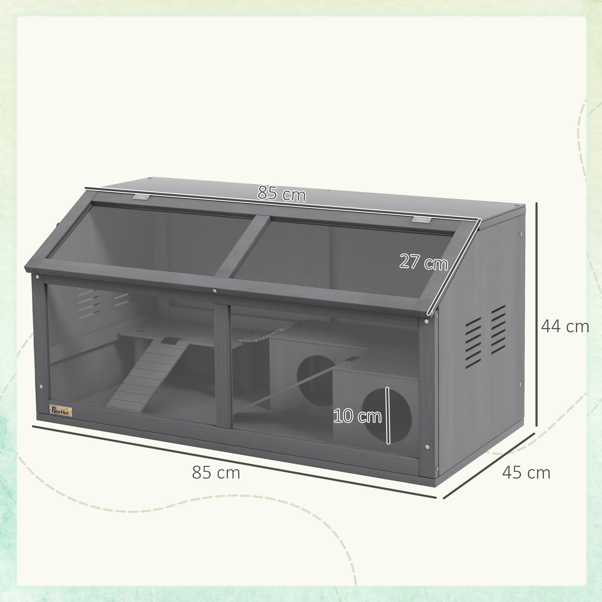PawHut Hamster Cage, Wooden Small Animal Cage for Gerbils, Mice w/ Suspension Bridge, Openable Top, Hut, 85 x 45 x 44cm Grey 3