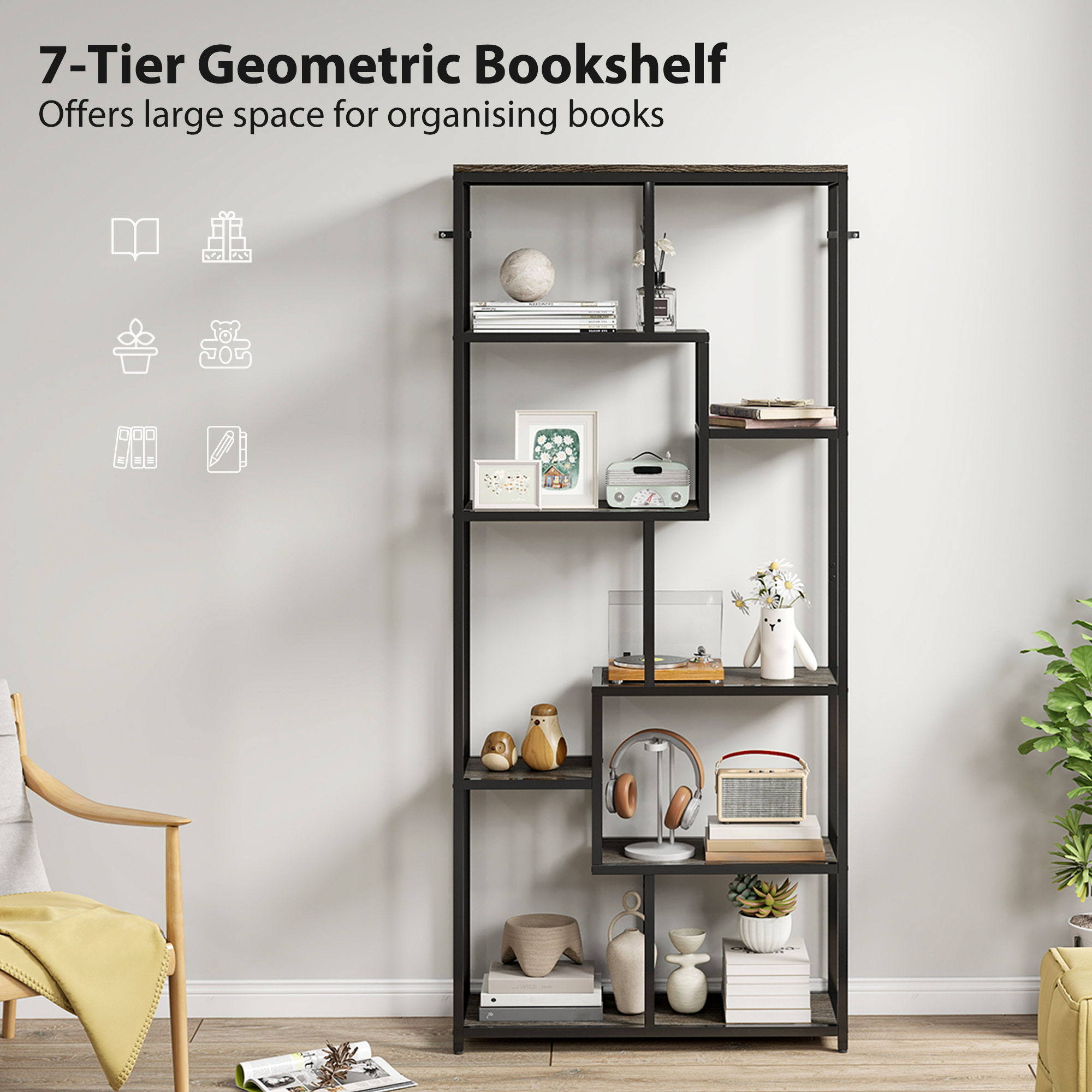 HOMCOM Seven-Tier Geometric Bookcase Grey/Black 4