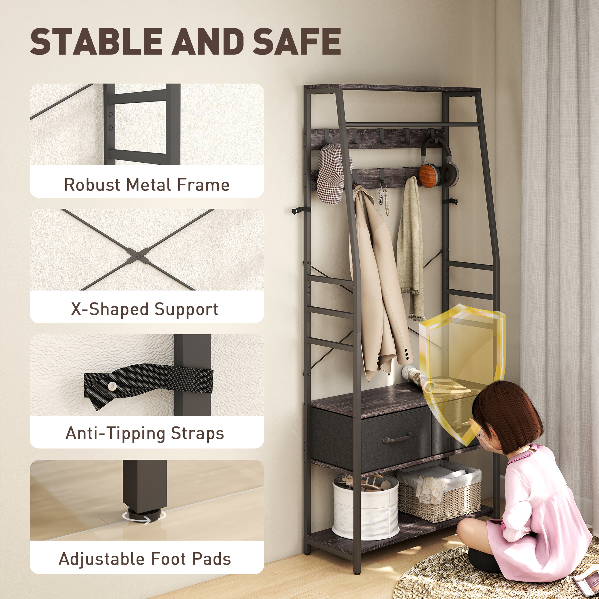 HOMCOM Coat Rack with Shoe Storage, Hall Tree, Industrial Coat Stand with Shoe Bench, 10 Removable Hooks, 2 Fabric Drawers and Clothes Rail for Entryway, Hallway, Grey 7