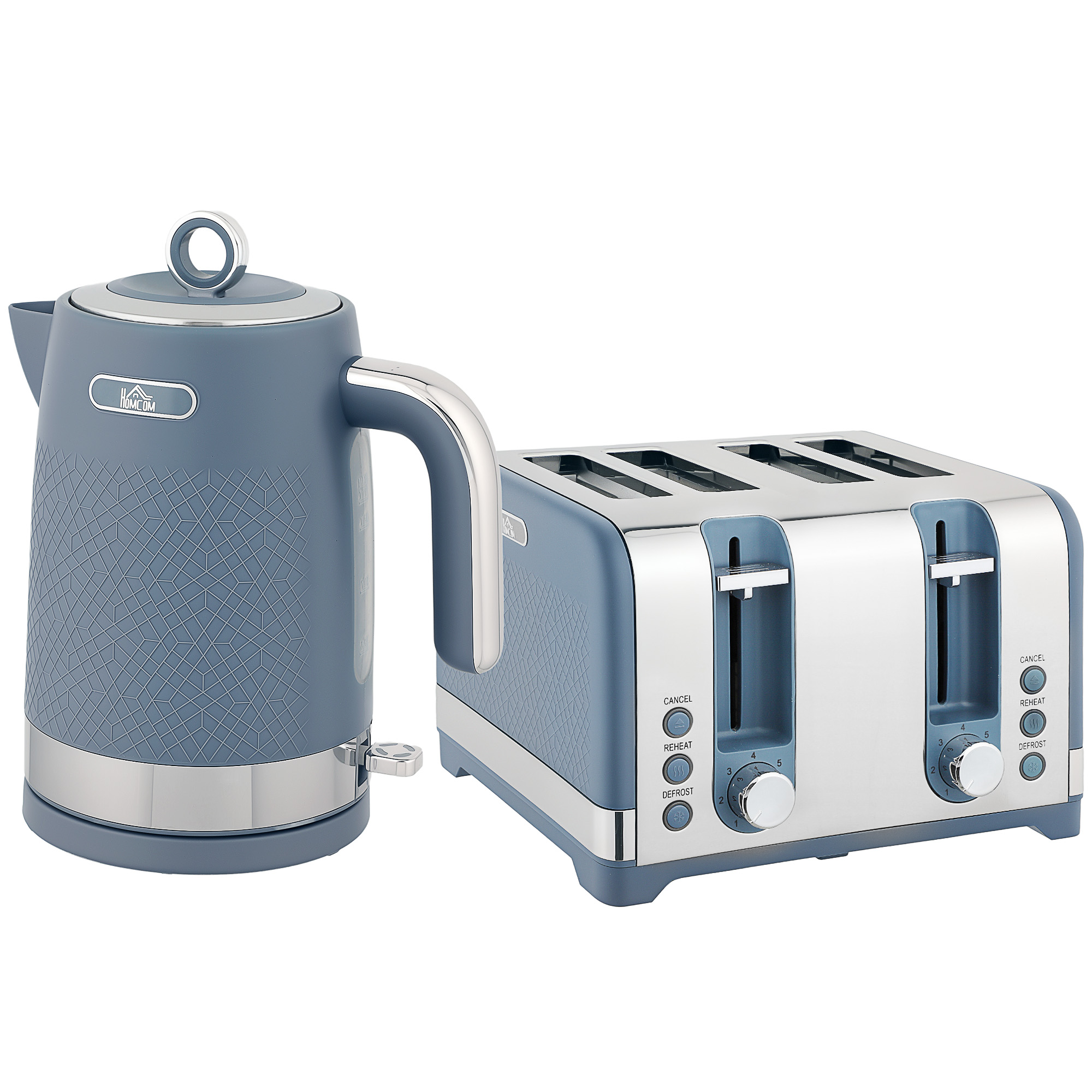 HOMCOM Sleek Textured Kettle and Four-Slice Toaster Set Blue