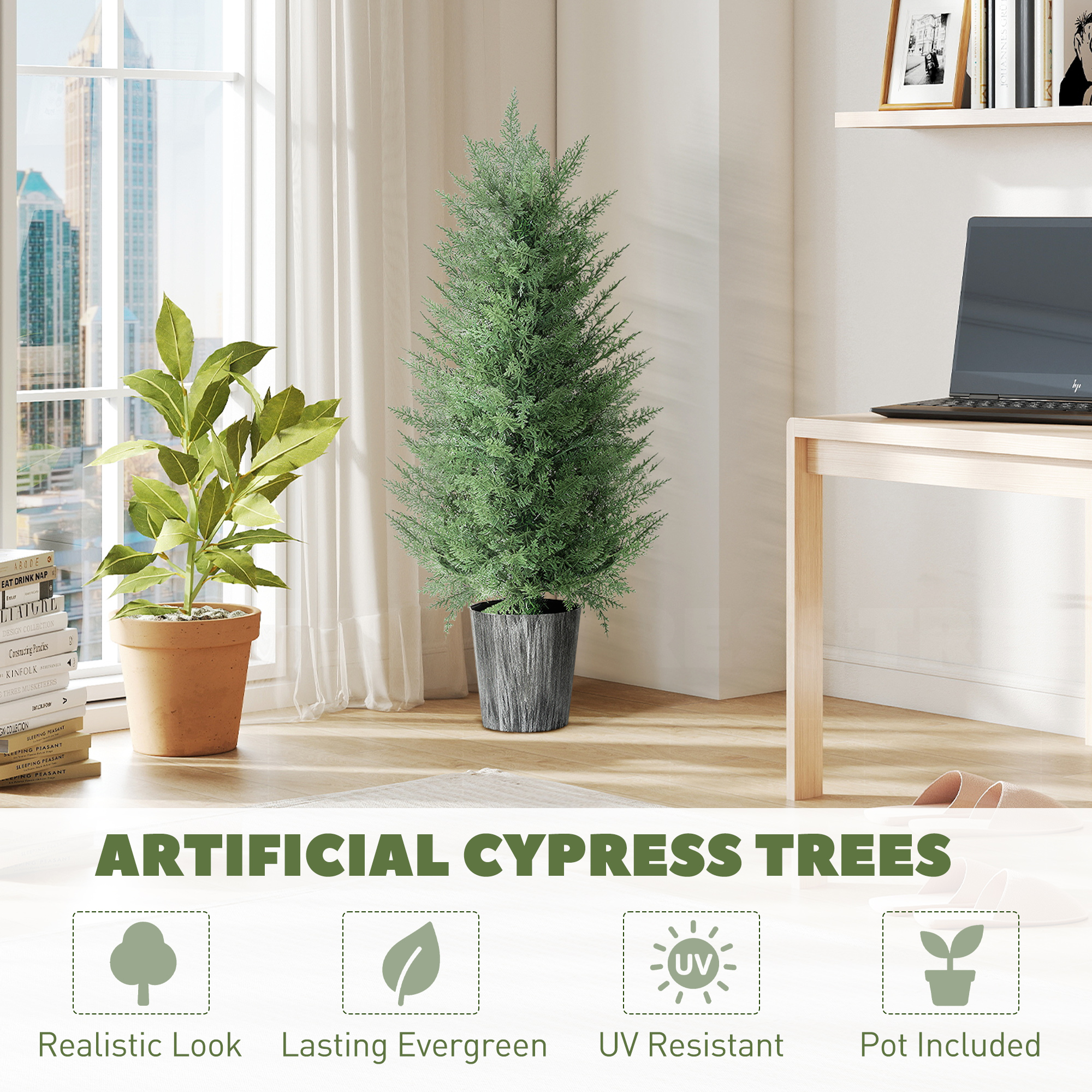 HOMCOM 90cm Artificial Cypress Trees Set of 2, UV Resistant Artificial Plants with Decorative Pot, Fake Plants for Indoor Outdoor Decor, Green 4