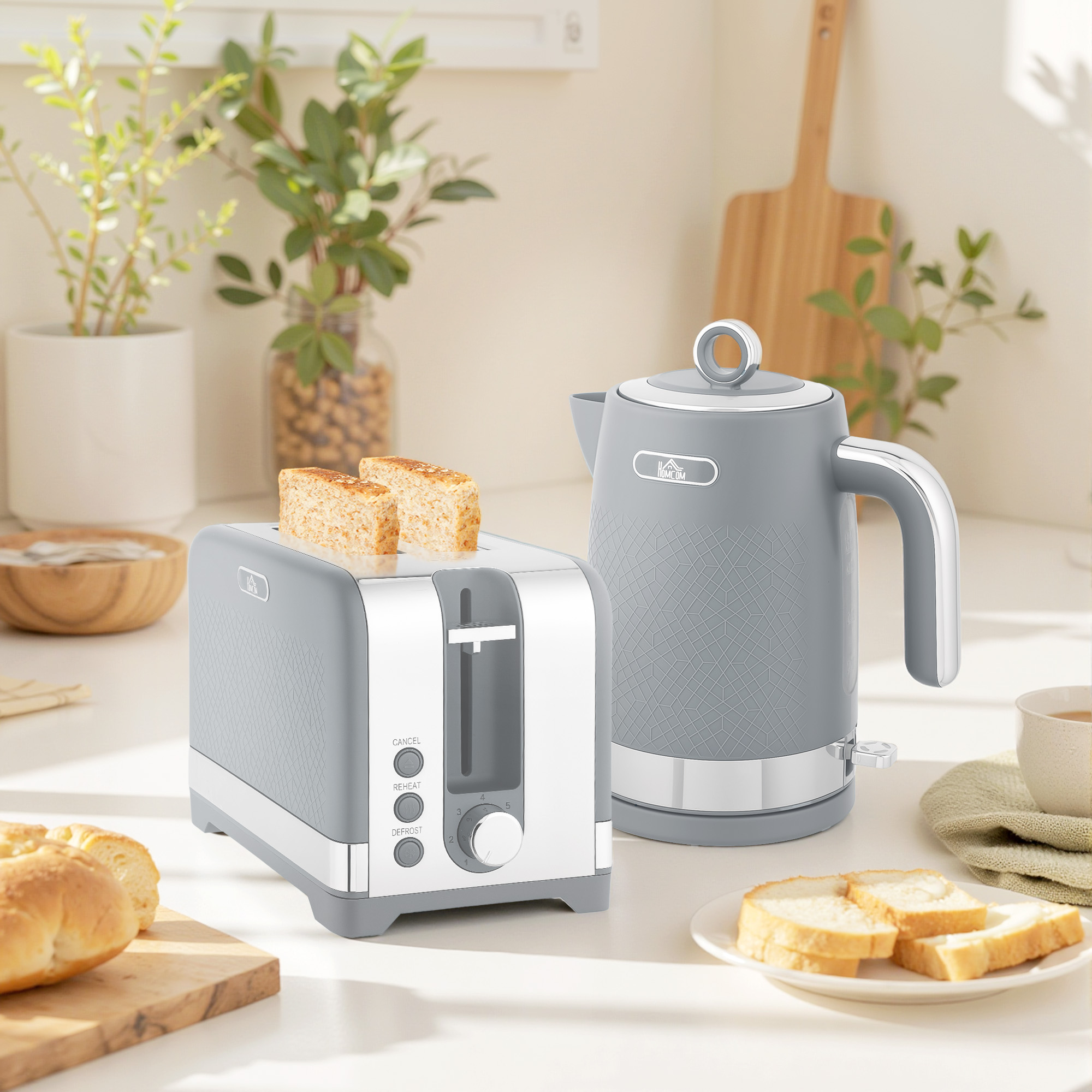 HOMCOM Sleek Textured Kettle and Toaster Set Grey 2