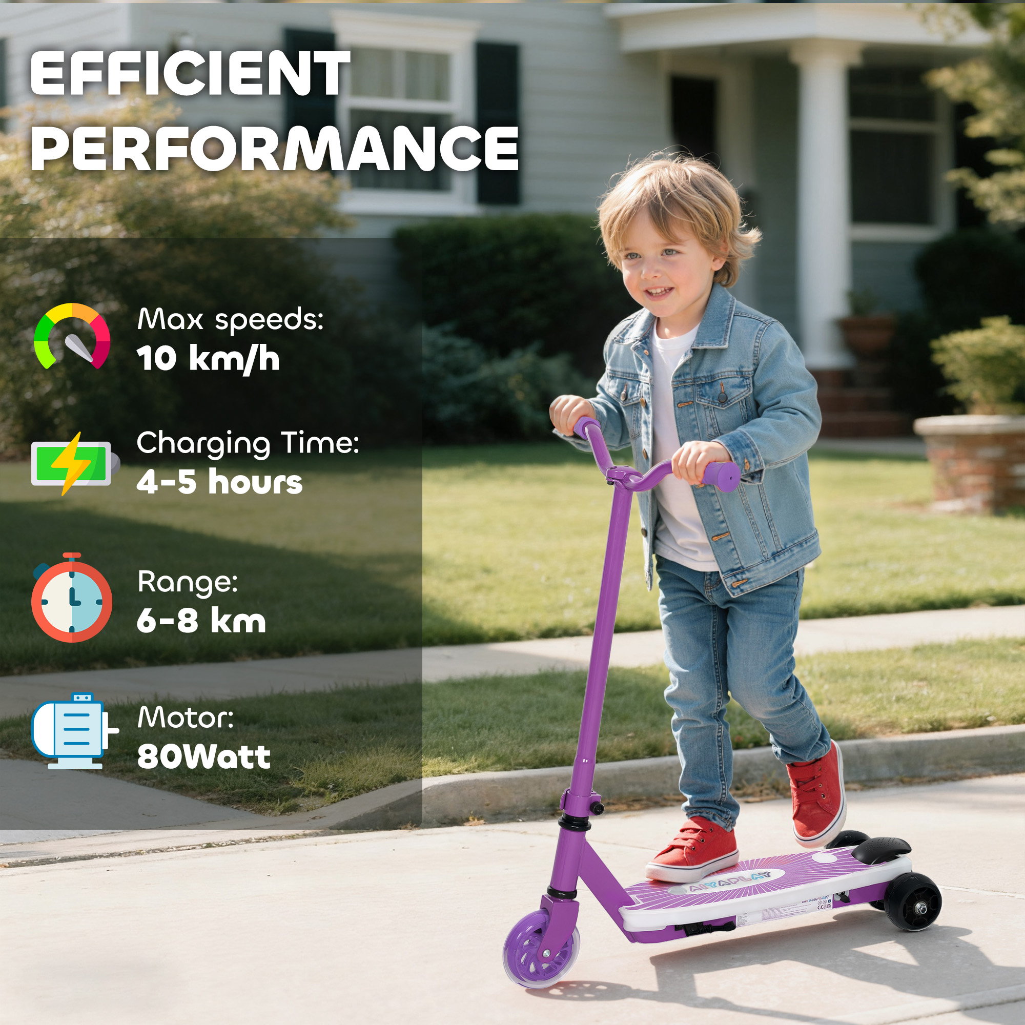 AIYAPLAY Electric Scooter for Kids Aged 4-7 Years, with Flashing LED Lights, Rear Auxiliary Wheels, Purple 6