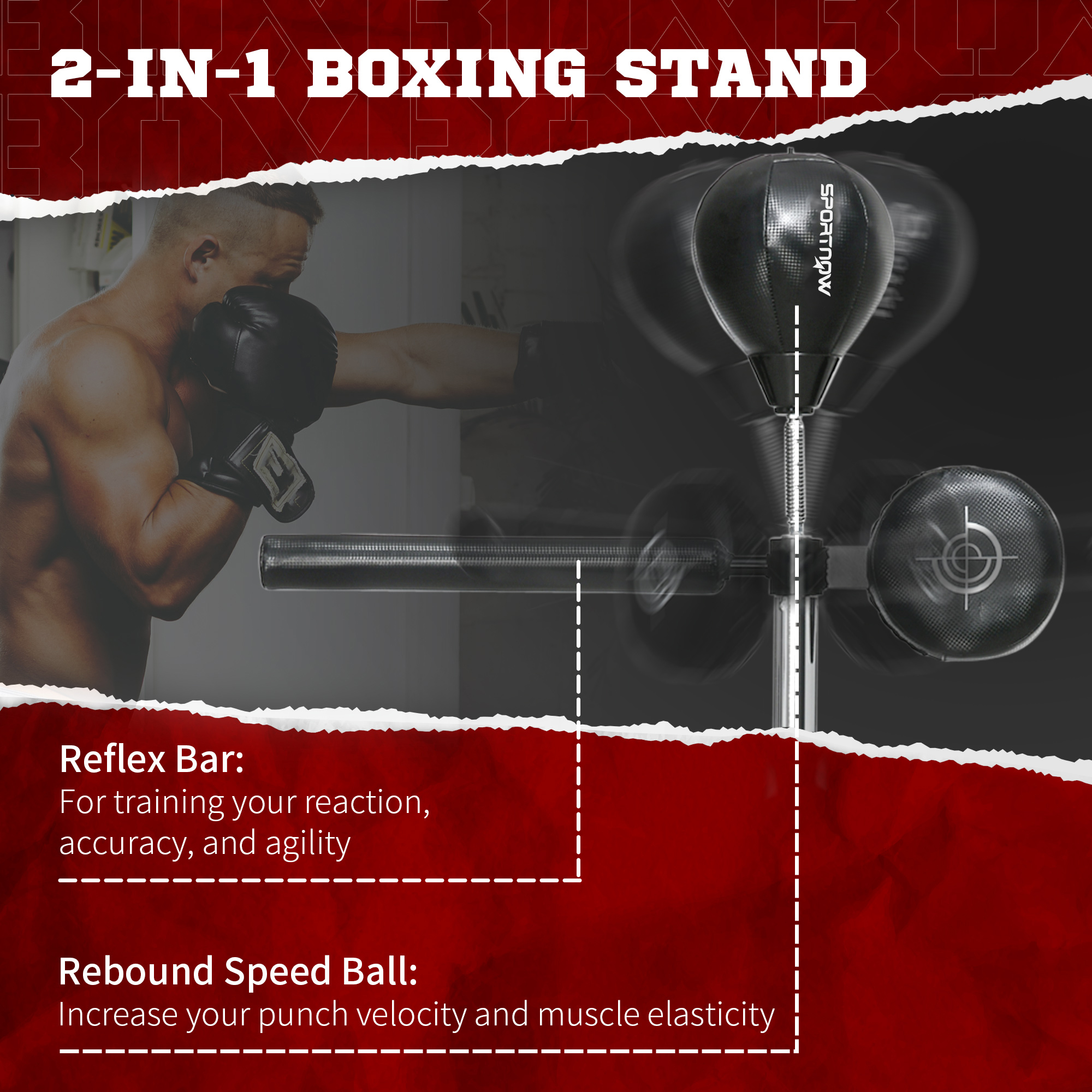SPORTNOW Adjustable Speed Bag, Boxing Bag, with Stand, Reflex Bar, Punching Pad, Black 4