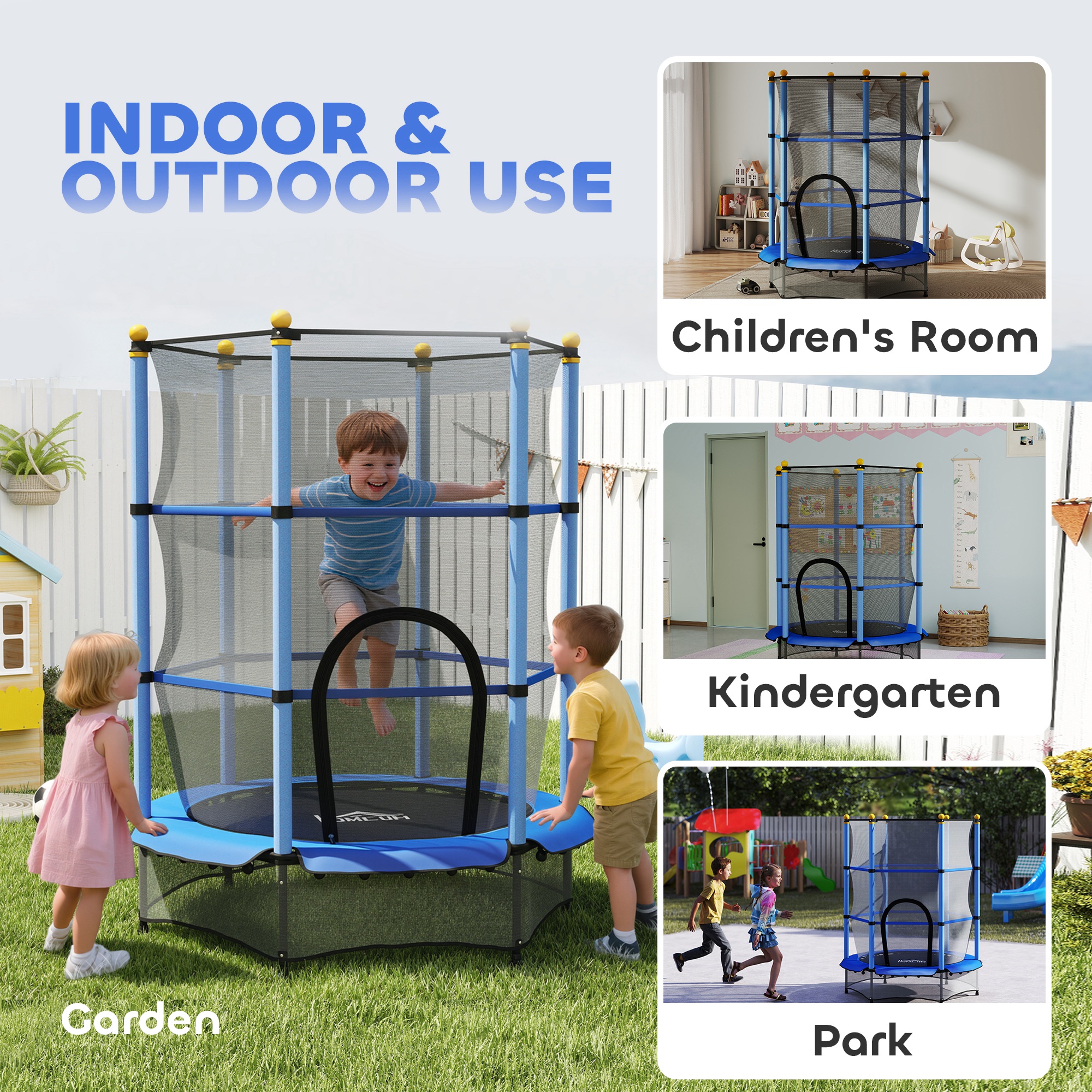 HOMCOM 4.6FT/55" Kids Trampoline with Safety Enclosure, Outdoor Indoor Use, for Ages 3-10 Years, Blue 9