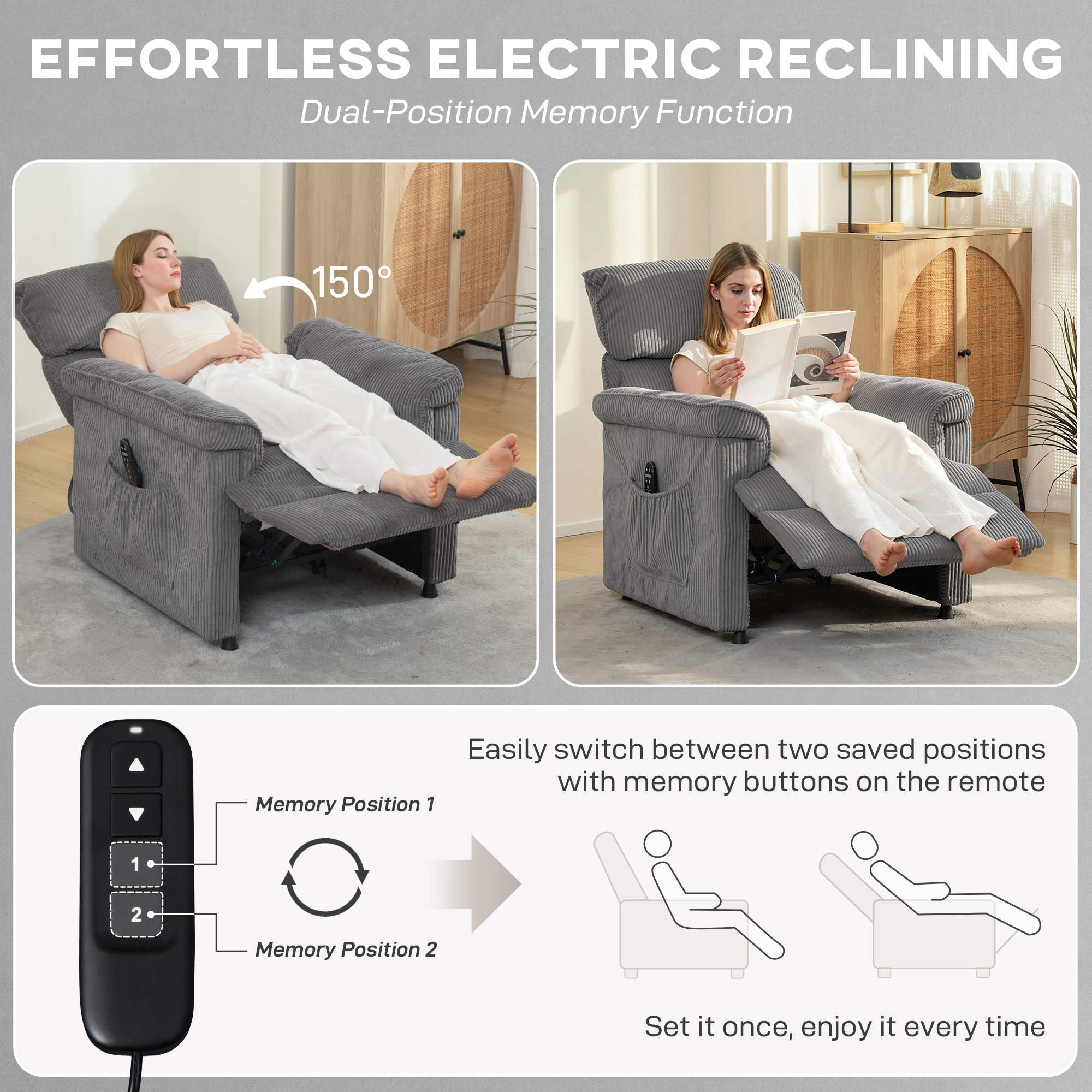 HOMCOM Corduroy Electric Massage Recliner Grey 5