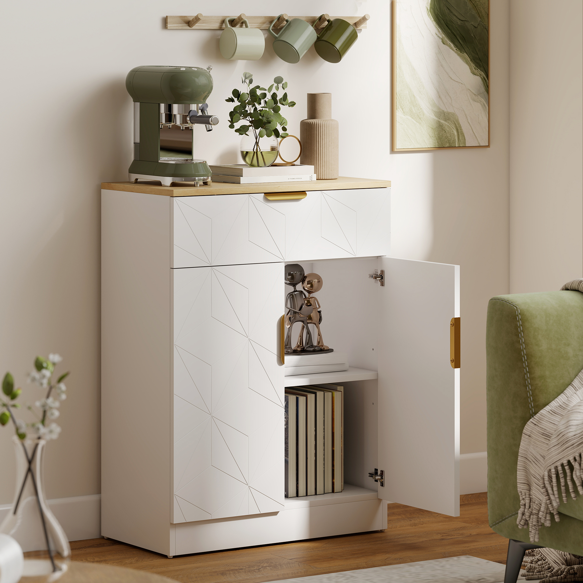 HOMCOM Sideboard Storage Cabinet, Modern Storage Cupboard with Drawer and Adjustable Shelf for Living Room, Kitchen, Dining Room, Entryway, White 2