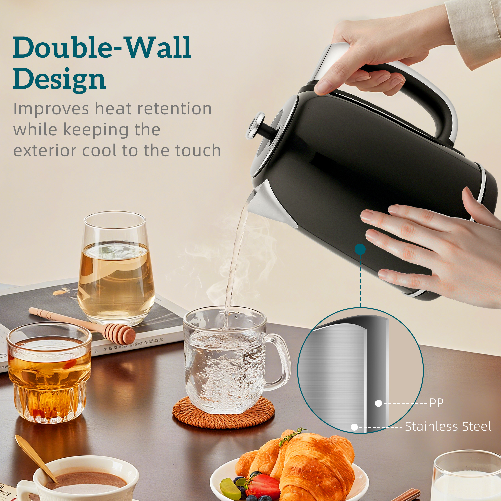HOMCOM Polished Retro 40-100°C Kettle and Toaster Set Black 5